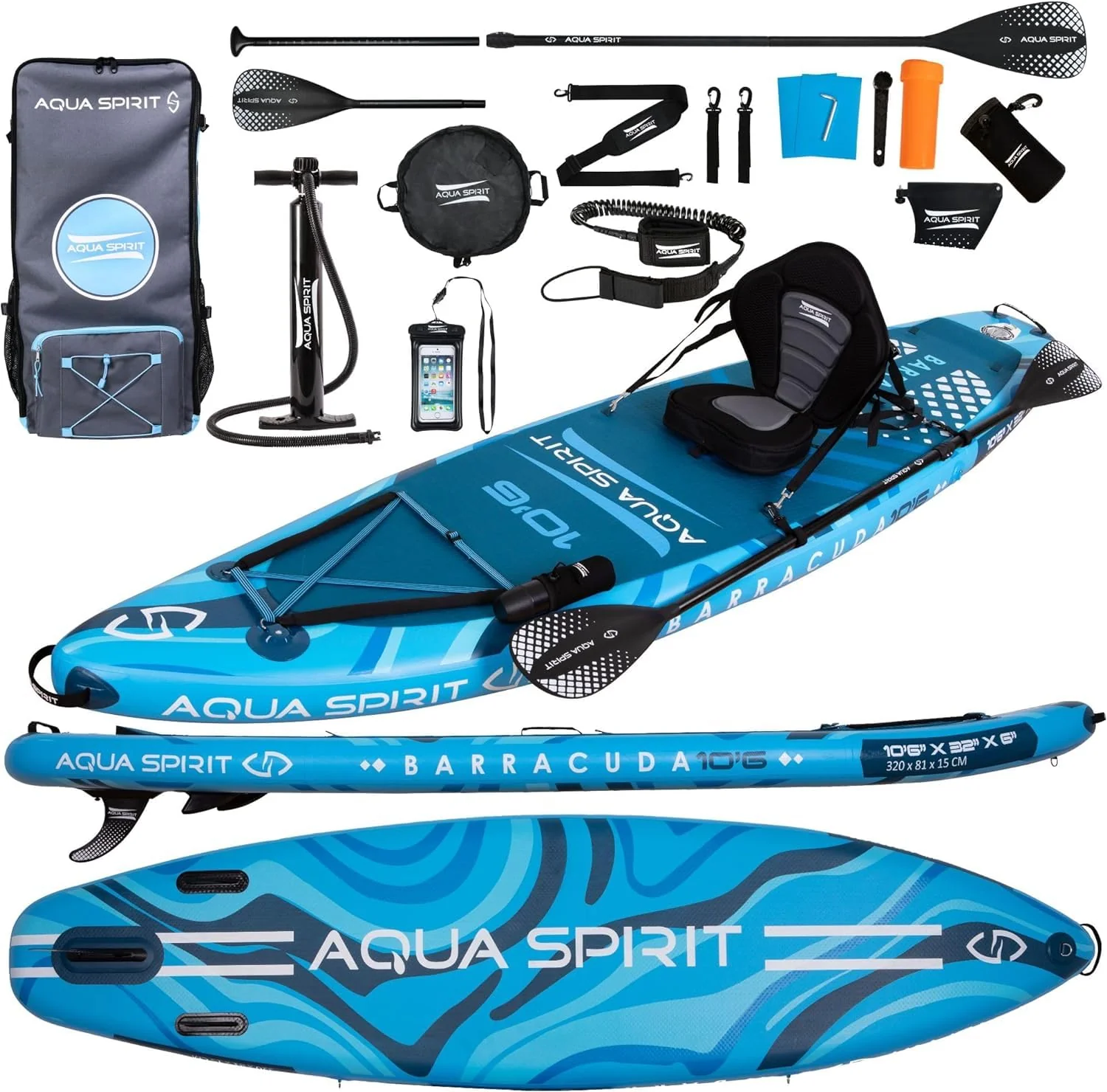 2025 Aqua Spirit Opblaasbaar SUP Paddleboard / Kajak Peddel | 320x81x15 cm | Set met Peddel, Zitje, Rugzak, Pomp en Meer Accessoires | Volwassenen Beginners/Experts (Blauw)