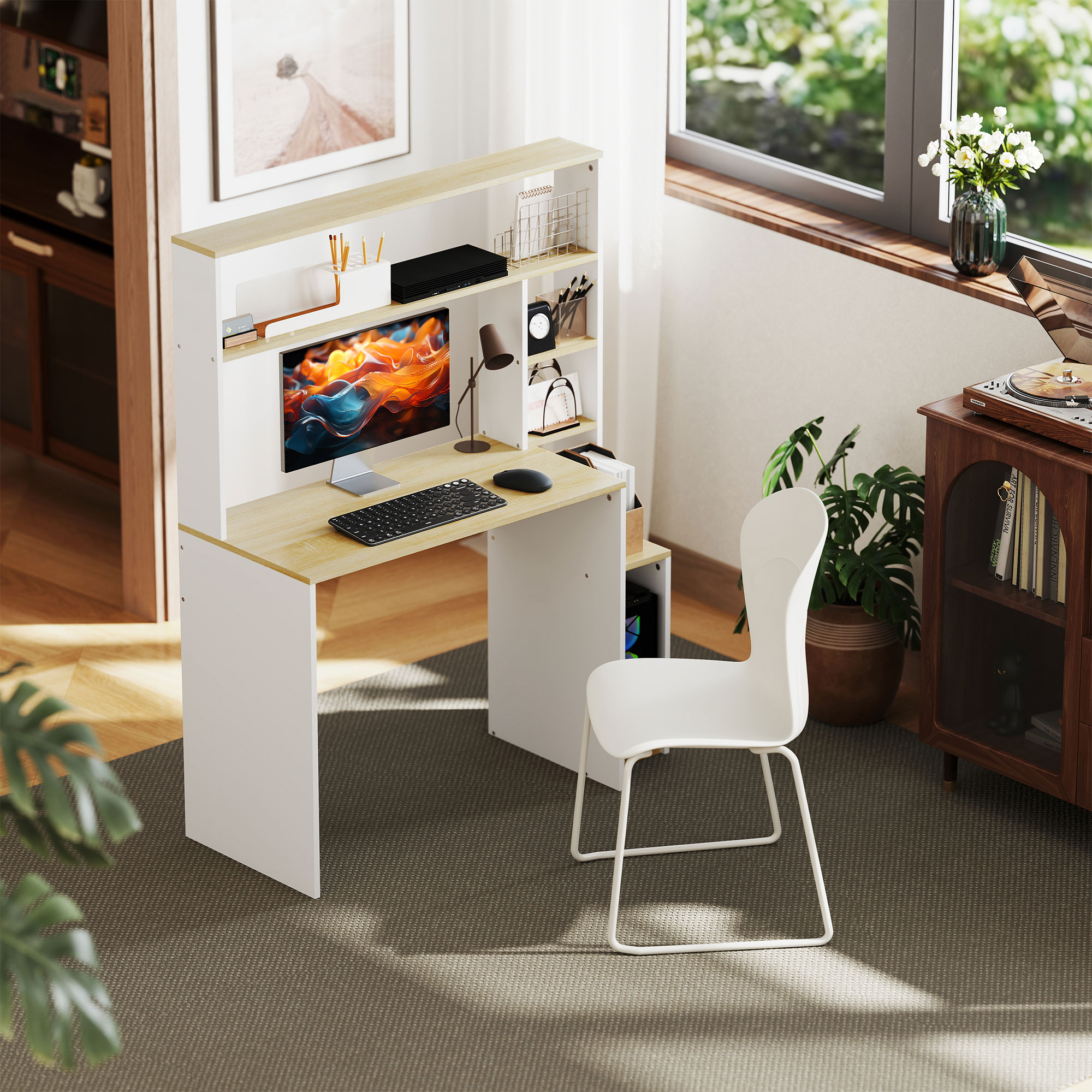 Computerbureau, Bureau met Open Rekken en Planken, van Staal, Lichtbruin+Wit