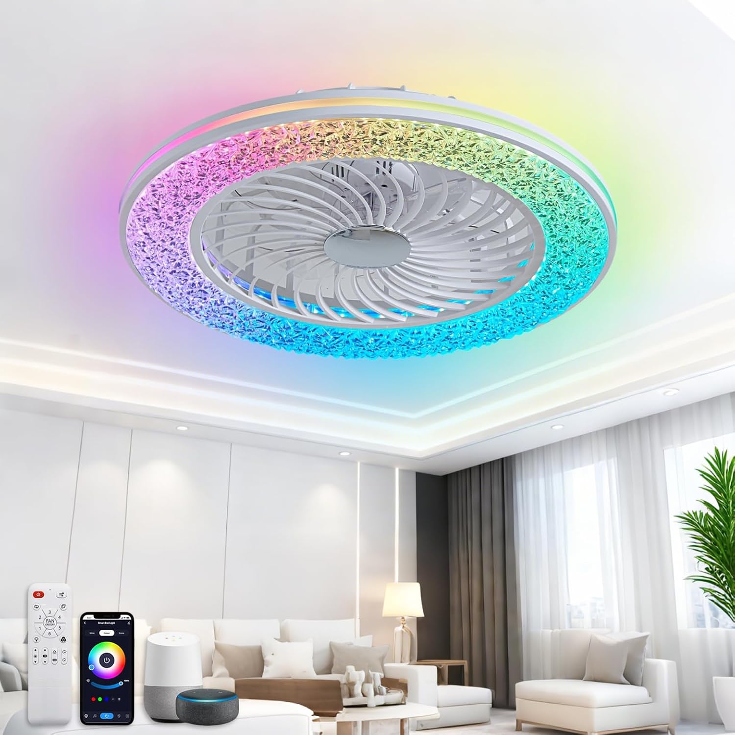 Smarte Deckenventilator mit Beleuchtung Kompatibel mit Alexa und Google Assistant RGB Deckenleuchte mit Ventilator Dimmbar mit Fernbedienung Leiser Fan Deckenlampe für Schlafzimmer Wohnzimmer Ø50CM