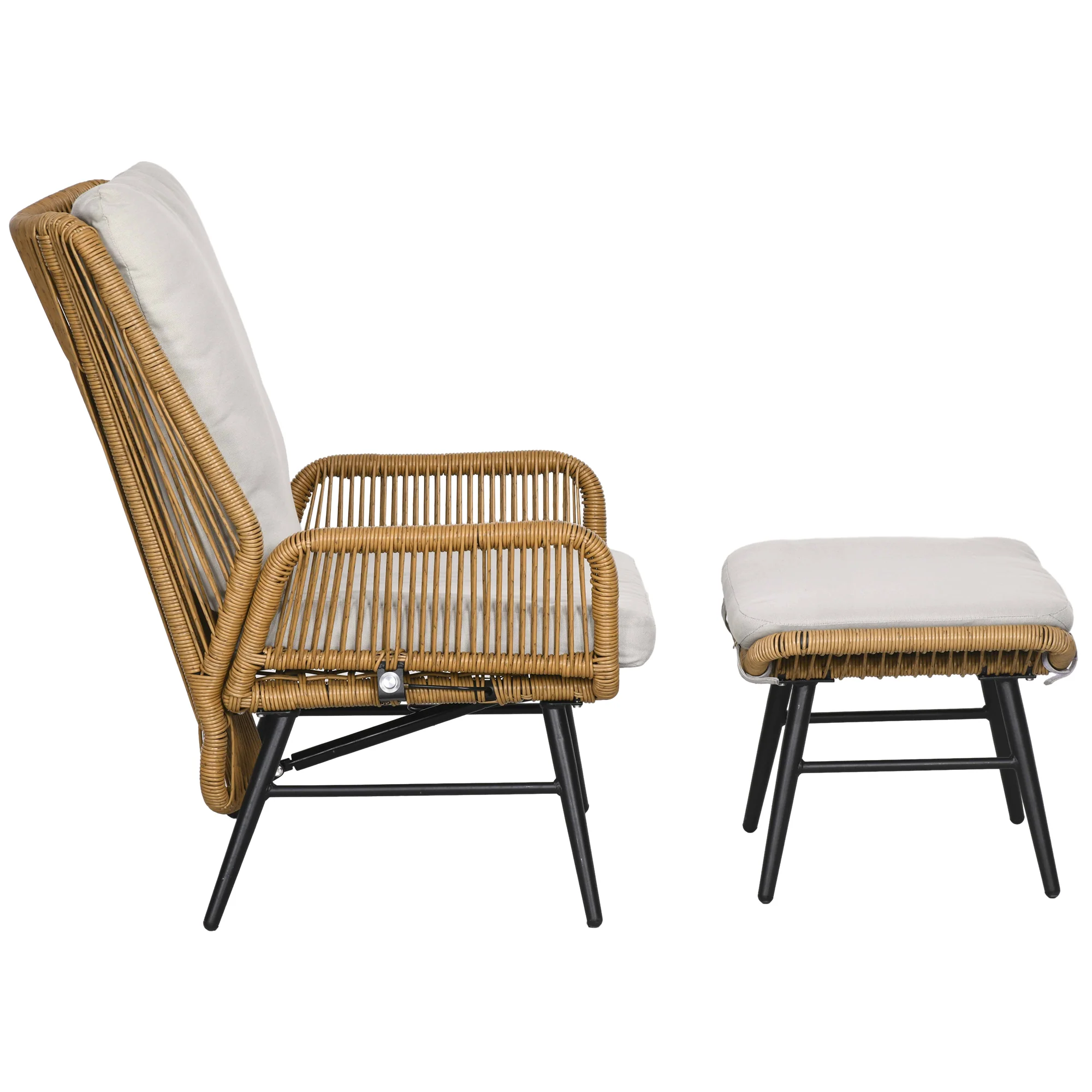Outsunny Polyrattan Tuinstoel en Voetenbank, verstelbare leuning, Lichtbruin/Grijs/Zwart