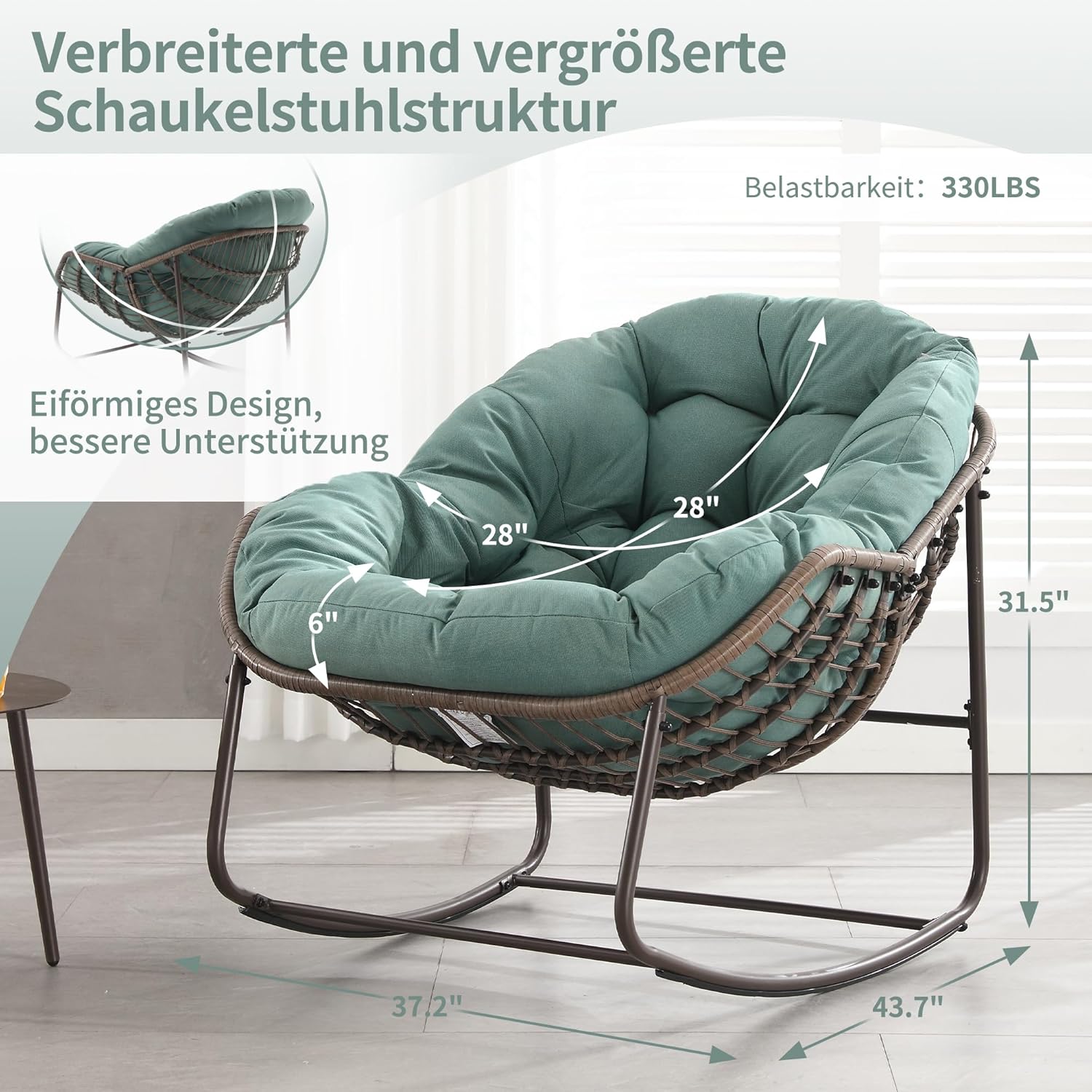 Outdoor Patio Schaukelstühle, Überdimensionierter Papasan-Schaukelstuhl für Innen mit Gepolstertem Kissen - Ei-Schaukelstuhl für Wohnzimmer, Veranda, Garten, Terrasse, Hinterhof