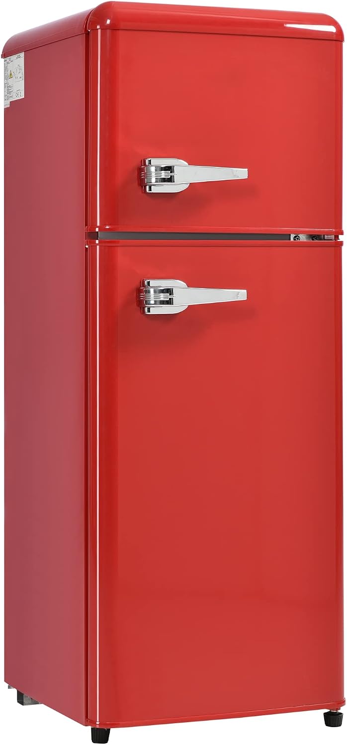 Merax Retro Kühlschrank 92L Kühl-Gefrierkombination, Zweitürig Mini Kühlschrank mit Gefrierfach 28L,Kühlschrank Freistehend, 7 Temperaturstufen,41x105,5 cm - Rot