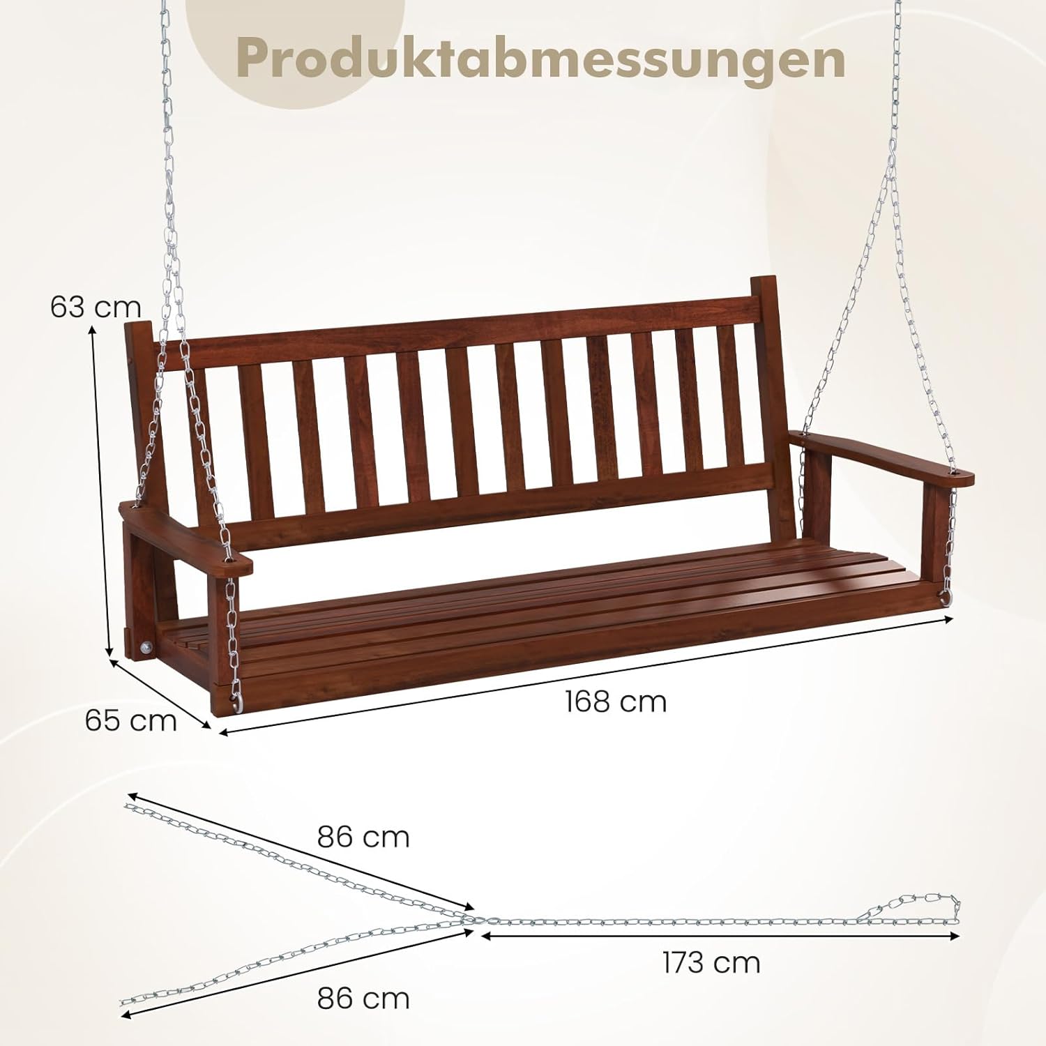 COSTWAY Hängebank aus Massivholz, 3-Sitzer Gartenschaukel zum Aufhängen, Hollywoodschaukel bis 360 kg belastbar, Outdoor-Schaukelbank für Terrasse, Garten, Hof, Braun, 168 x 65 x 63 cm