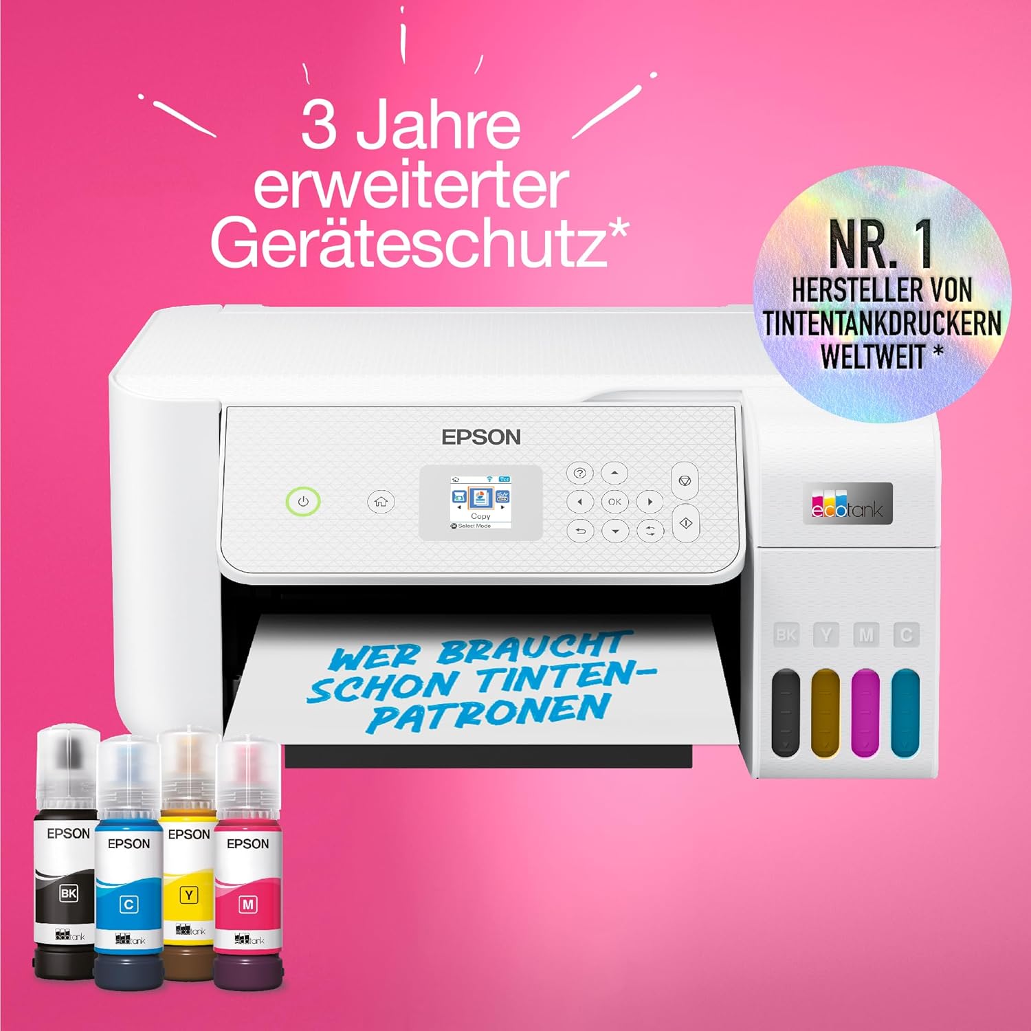 EcoTank ET-2876 Tintentankdrucker für vielbeschäftigte Haushalte WLAN A4 Drucken, Kopieren, Scannen 3.7 cm LCD-Bildschirm inkl. Tinte für bis zu 3 Jahre