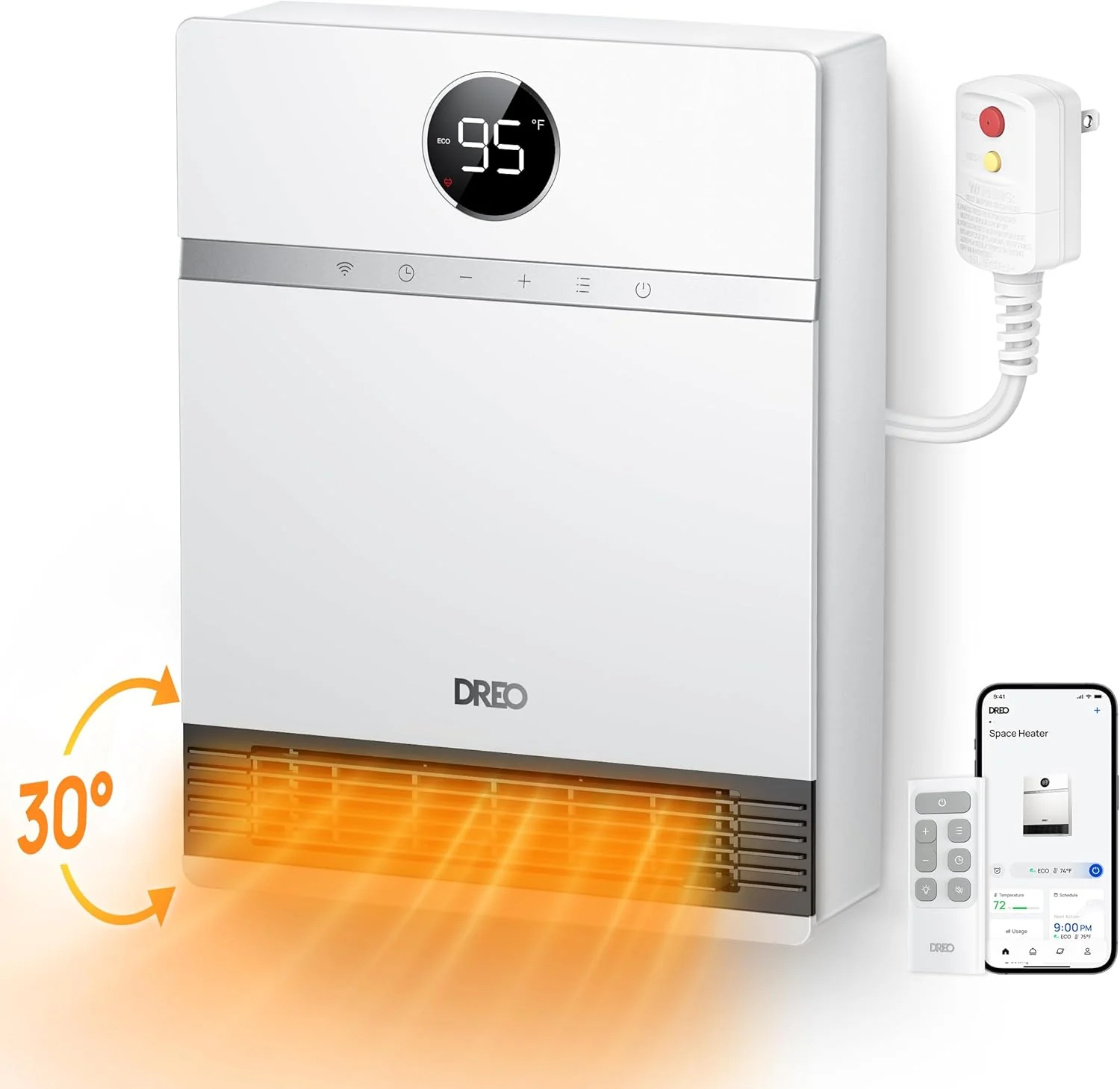 Dreo Smart Wall Heater. IP24 Electric PTC Space Heaters for Indoor Use. 30掳 Oscillation. Adjustable Thermostat. Remote Control. Works with Alexa. 24H Timer. Easy-mounted for Bedroom. Office. Home