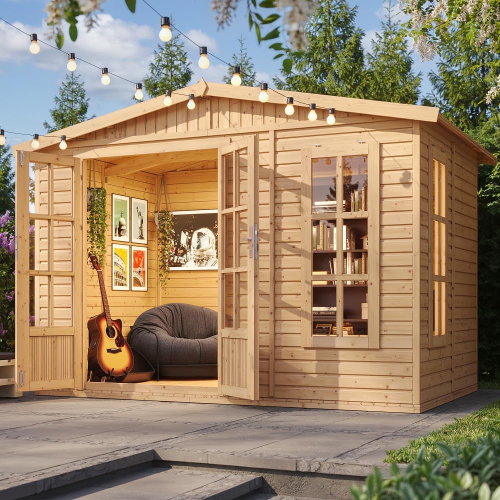 Caseta de jardín de Madera de 6 m2 - Cobertizo Jardin Exterior con Suelo, Ventana, Puerta Doble - Cabaña de jardín para Trabajar en casa - sin Tejas bituminosas - TIMBELA M334FB