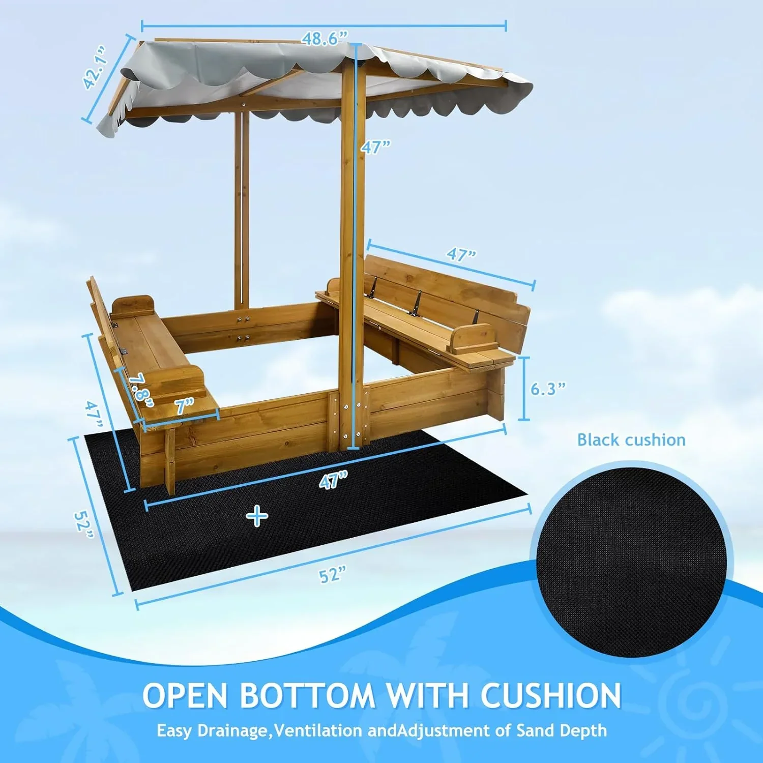 Kids Sandbox with Lid Wooden Sand Box Cover Outdoor UV-Protection Natural Wood Foldable Bench Seat