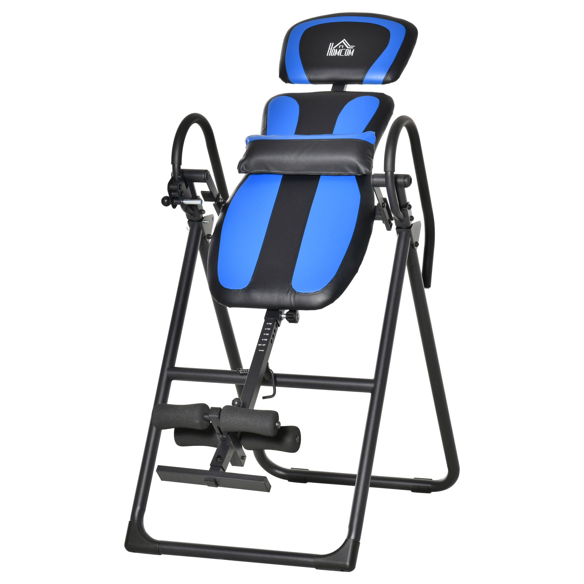 inversiebank opvouwbare zwaartekrachttrainer met twee beweegbare wielen set rugkussen metaal ABS zwart + blauw 132 x 71 x 145 cm