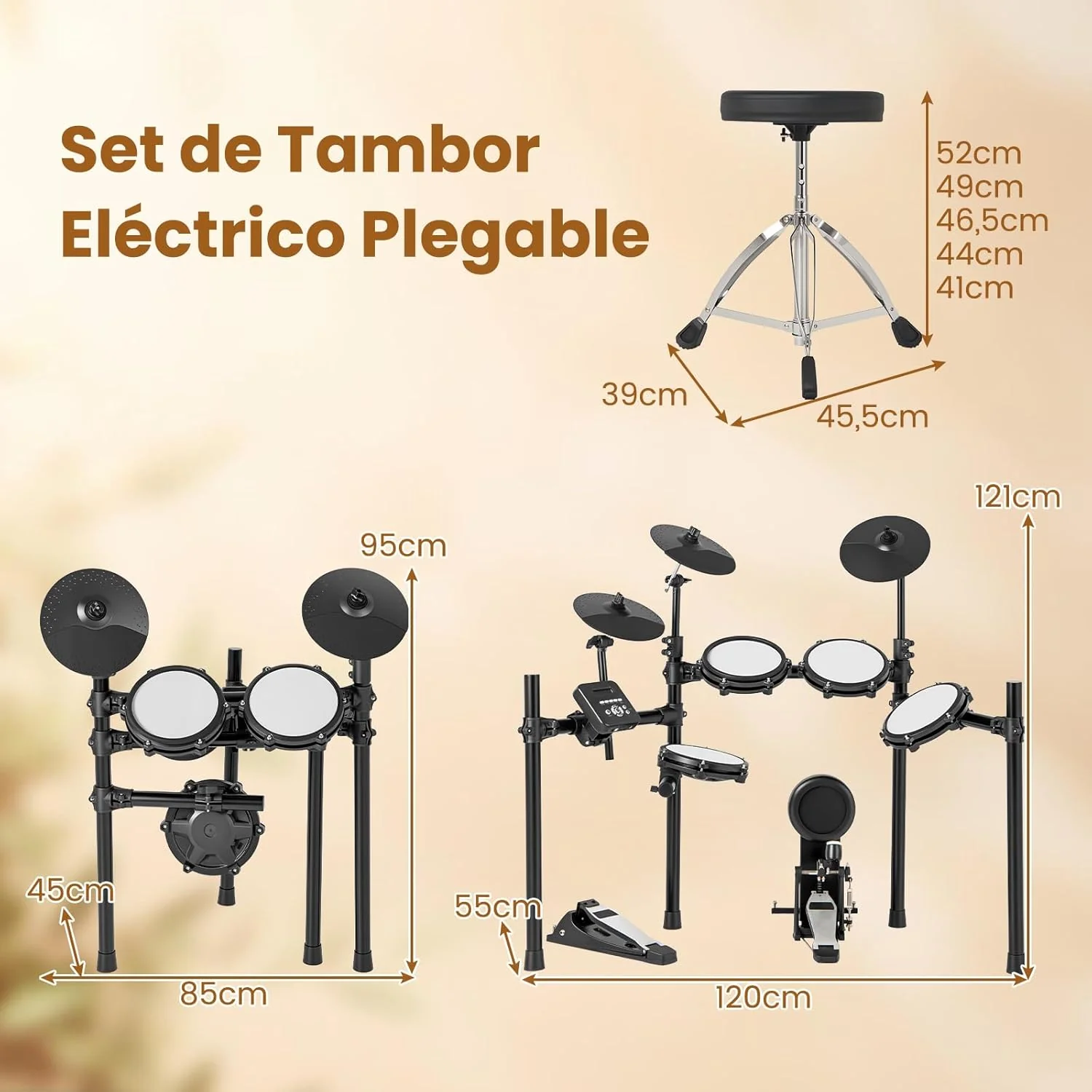 COSTWAY Batería Eléctrica, Kit de Batería Plegable con Pads de Malla Silenciosos, Platillo, 225 Sonidos y 30 Demos, Metrónomo y USB Midi, Bombo, 2 Baquetas, Taburete Ajustable, para Adultos y Niños