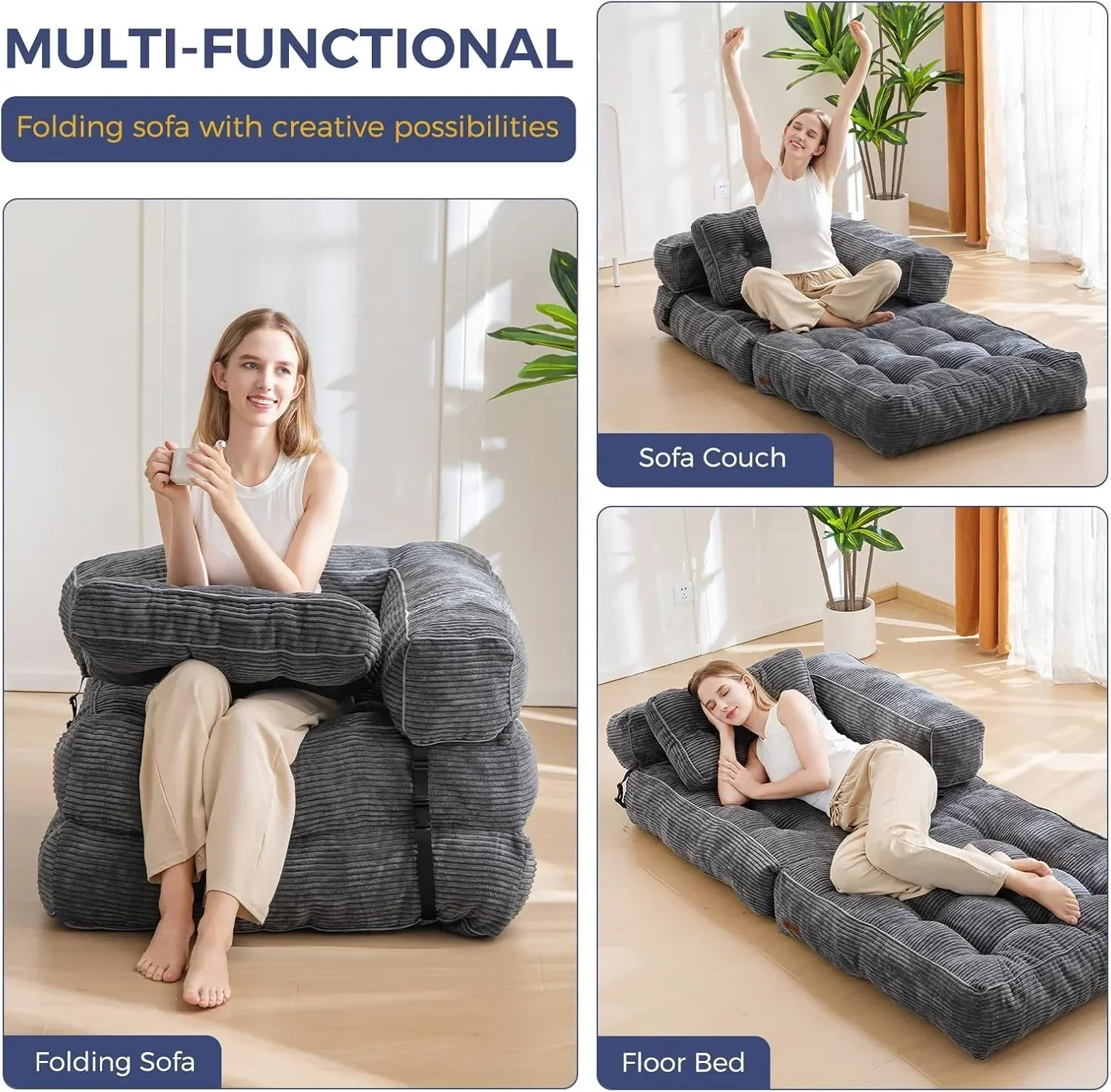 Folding Sofa Bed L-Shaped Convertible Sofa Bed with Armrests and Pillows