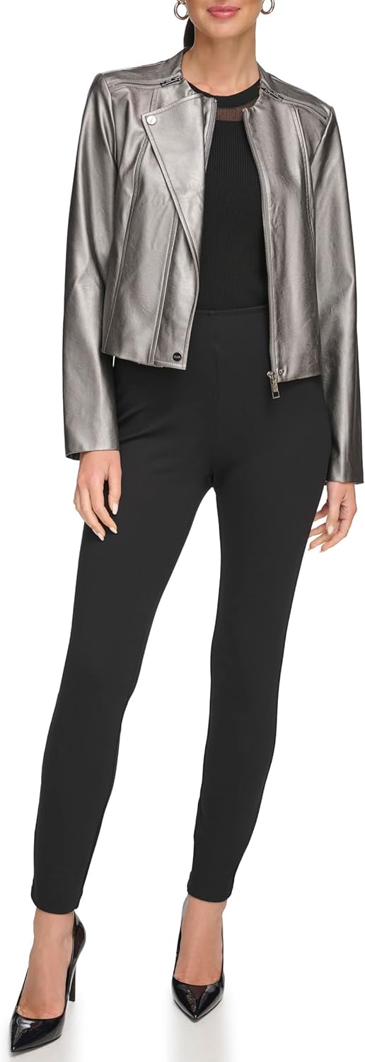 DKNY Damen Gunmetal Pu Moto Faux Leather Jacket (1er Pack)