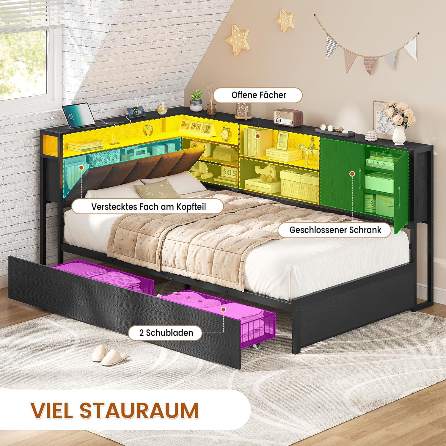 Polsterbett Schlafsofa 90x190 mit LED-Beleuchtung, Ladestation, Tagesbett, Jugendbett mit 2 Schubladen und Lattenrost aus Metall, Kopfteil mit Stauraum, Offene Regale, Schrank, Schwarz