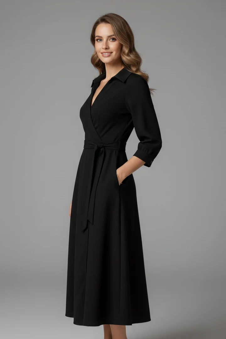 Damen Midi-Kleid mit V-Ausschnitt und Reverskragen | Langarm A-Linien Kleid mit Bindeg��rtel und Schlitz | Klassisches Midikleid