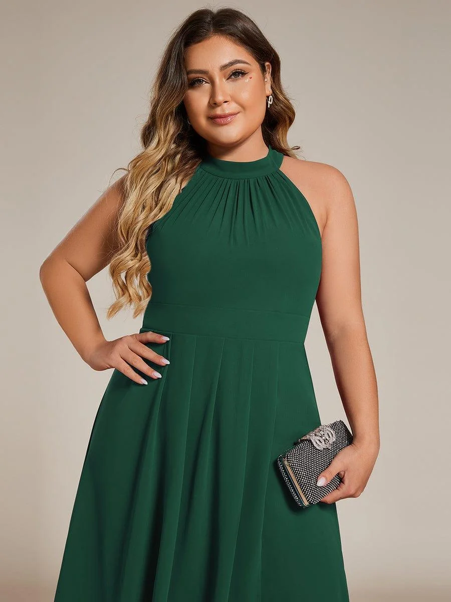 Damen Chiffon Midi-Kleid in A-Linie | Festliches Halterneck Kleid mit Plissee-Details | Sommerliches Kleid f��r Hochzeitsg?ste