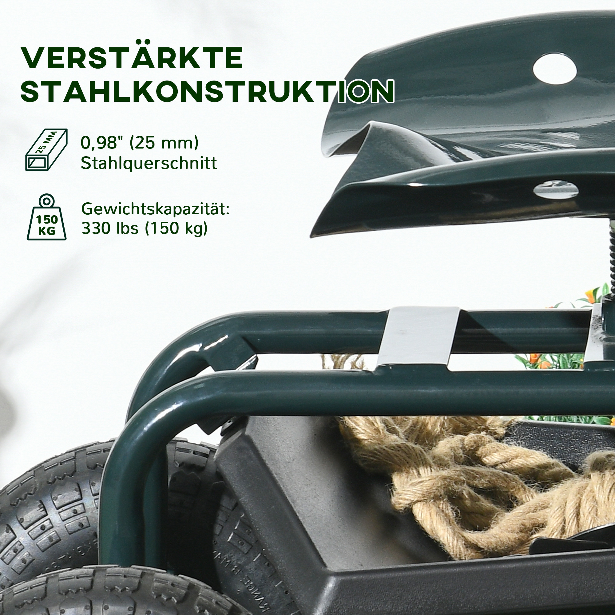 Tuinwagen met zitplaats, draaibaar, verstelbaar in hoogte, tot 150 kg, staal, Donkergroen