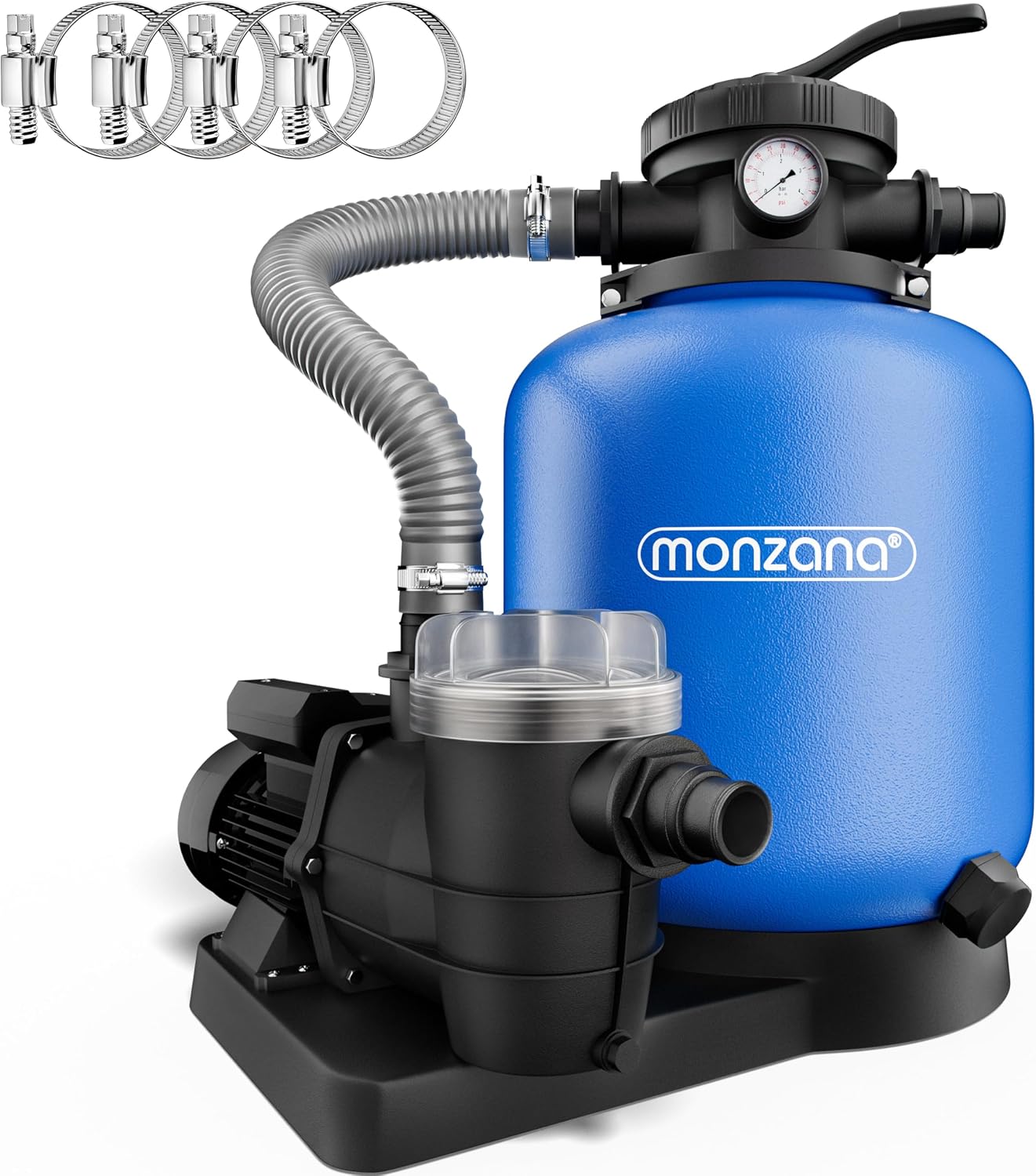 MONZANA® Sandfilteranlage 13.200L/h bis 58.000L Pool Vorfilter 7-Wege-Ventil 600W 30L Tank 2in1 Adapter Ø32-38mm Filteranlage Poolfilter Sandfilter