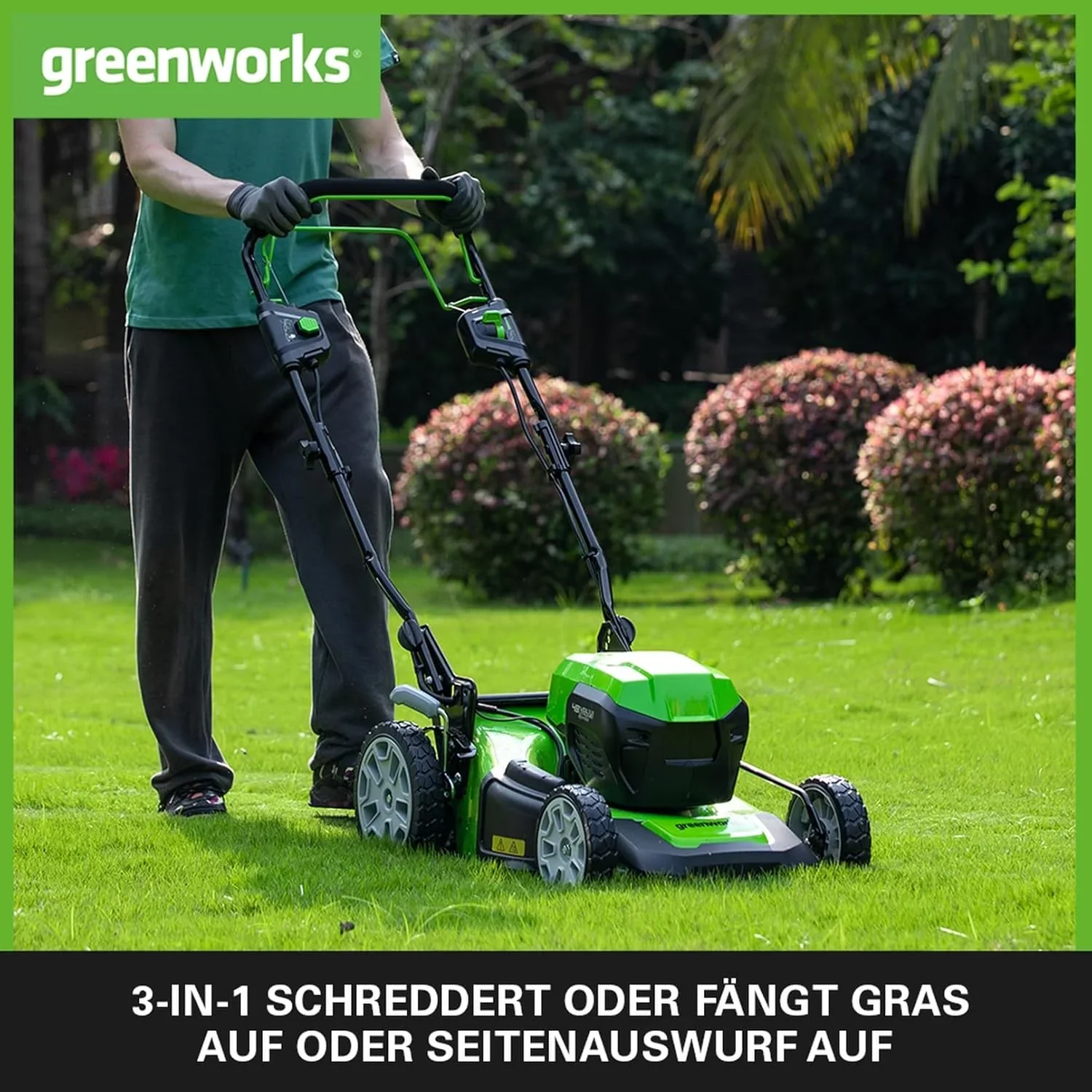 Greenworks 48V (2x24V) Selbstfahrender Akku Rasenmher f��r groe Flchen bis zu 480m, 46cm Schnittbreite, 55L Sack PLUS zwei 4Ah-Akkus und Doppelladegert GD24X2LM46SPK4X