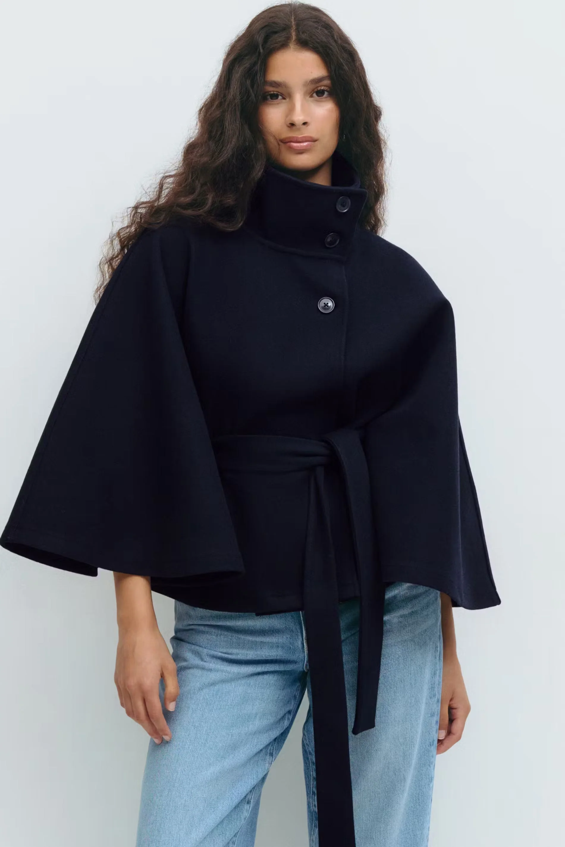 Eleganter Damenmantel mit G��rtel & hohem Kragen