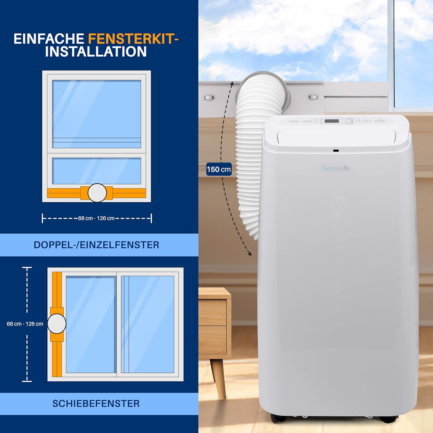 SereneLife Mini Klimaanlage mobil, 3-in-1 mobiles Klimagerät mit Abluftschlauch – Luftkühler, Luftentfeuchter & Ventilator, Air conditioner – 9.000 BTU, 1,5L Feuchtigkeit/Stunde, kühlt Räume bis 42 m2