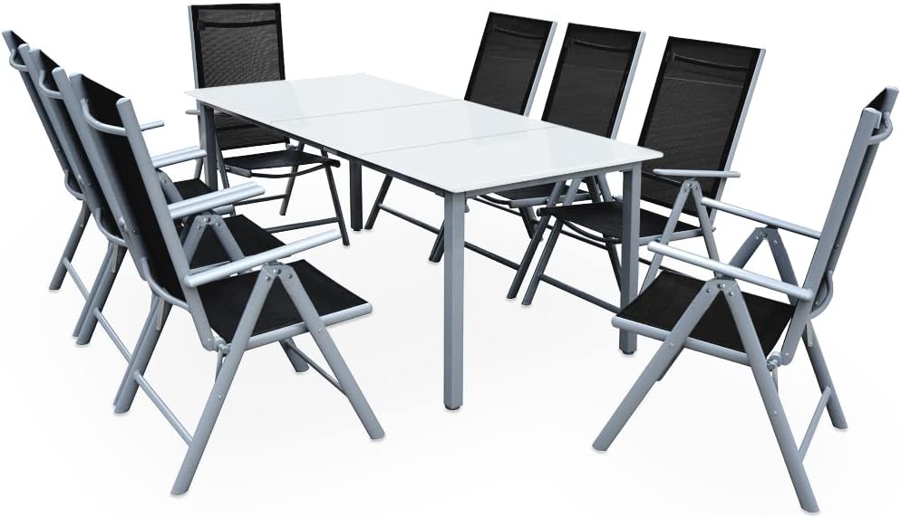 Casaria® Gartenmöbel Set 8 Stühle mit Tisch 190x90cm Aluminium Sicherheitsglas Wetterfest Klappbar Modern Terrasse Balkon Möbel Sitzgruppe Garnitur Bern