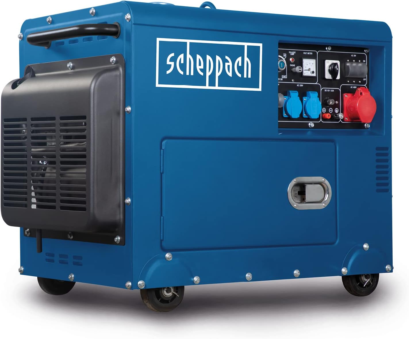 Scheppach Diesel Stromerzeuger | Elektrostart | 7,7PS | 5000W | 2x 230V, 1x 400V Steckdose | 16L Tank | AVR System | Stromgenerator SG5200D inkl. Fahrvorrichtung