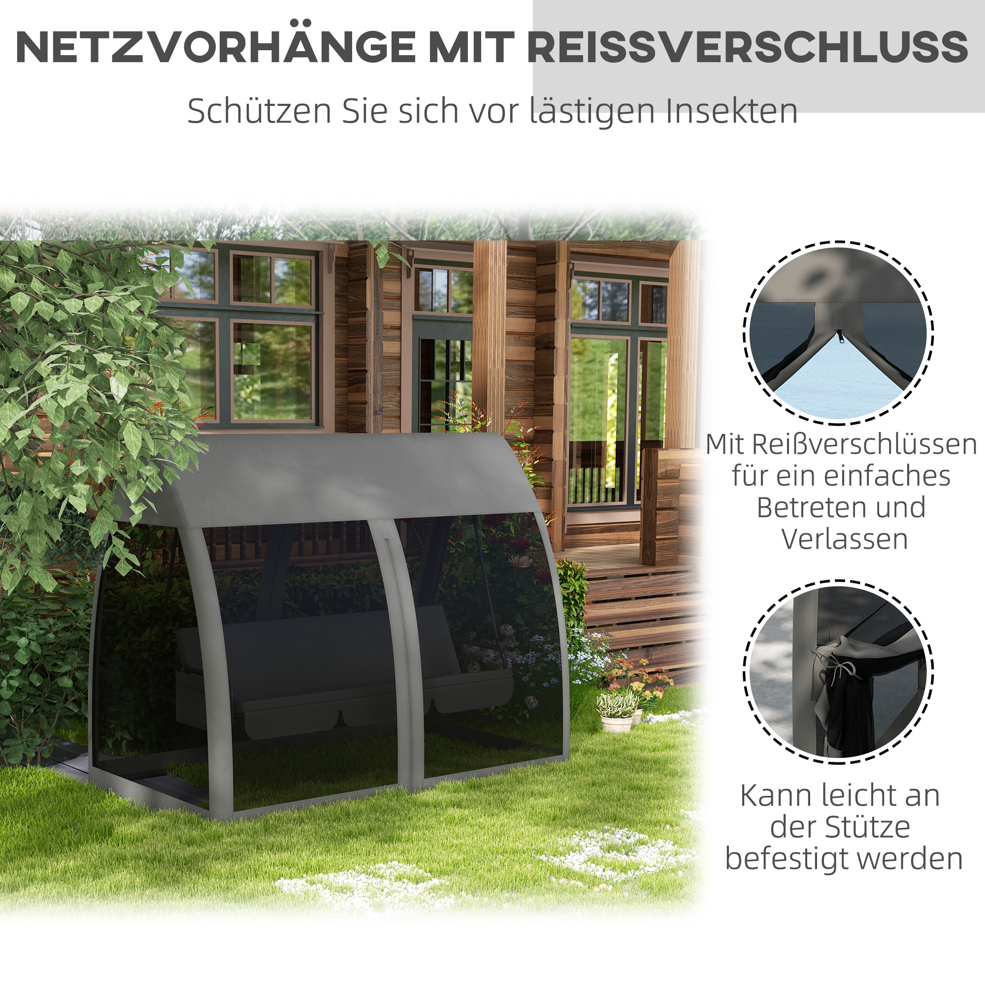 3-zits terrasschommel, verandaschommel met bedfunctie, Hollywoodschommel met muggennet en stalen frame, Grijs