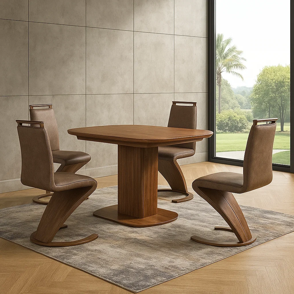 Spisest, 4 sder, tr og kunstlder, brunt, moderne design med buet rygln, fast struktur, bord 120x80x75 cm og stol 45x55x90 cm, til indendrs spisning - b6n1Nx7BUOuB