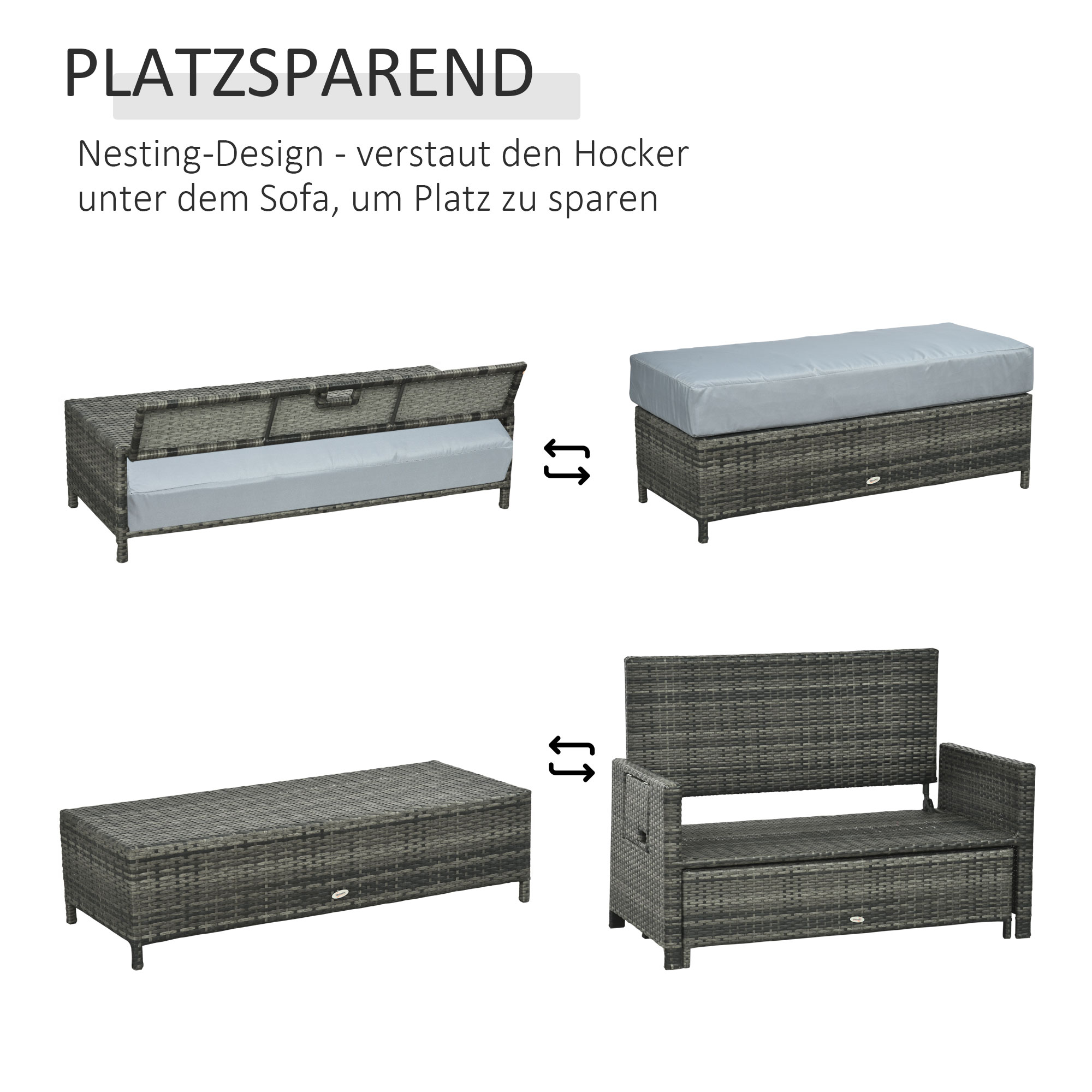 Outsunny Poly-rotan loungebank 2-zits set ligstoel kruk grijs