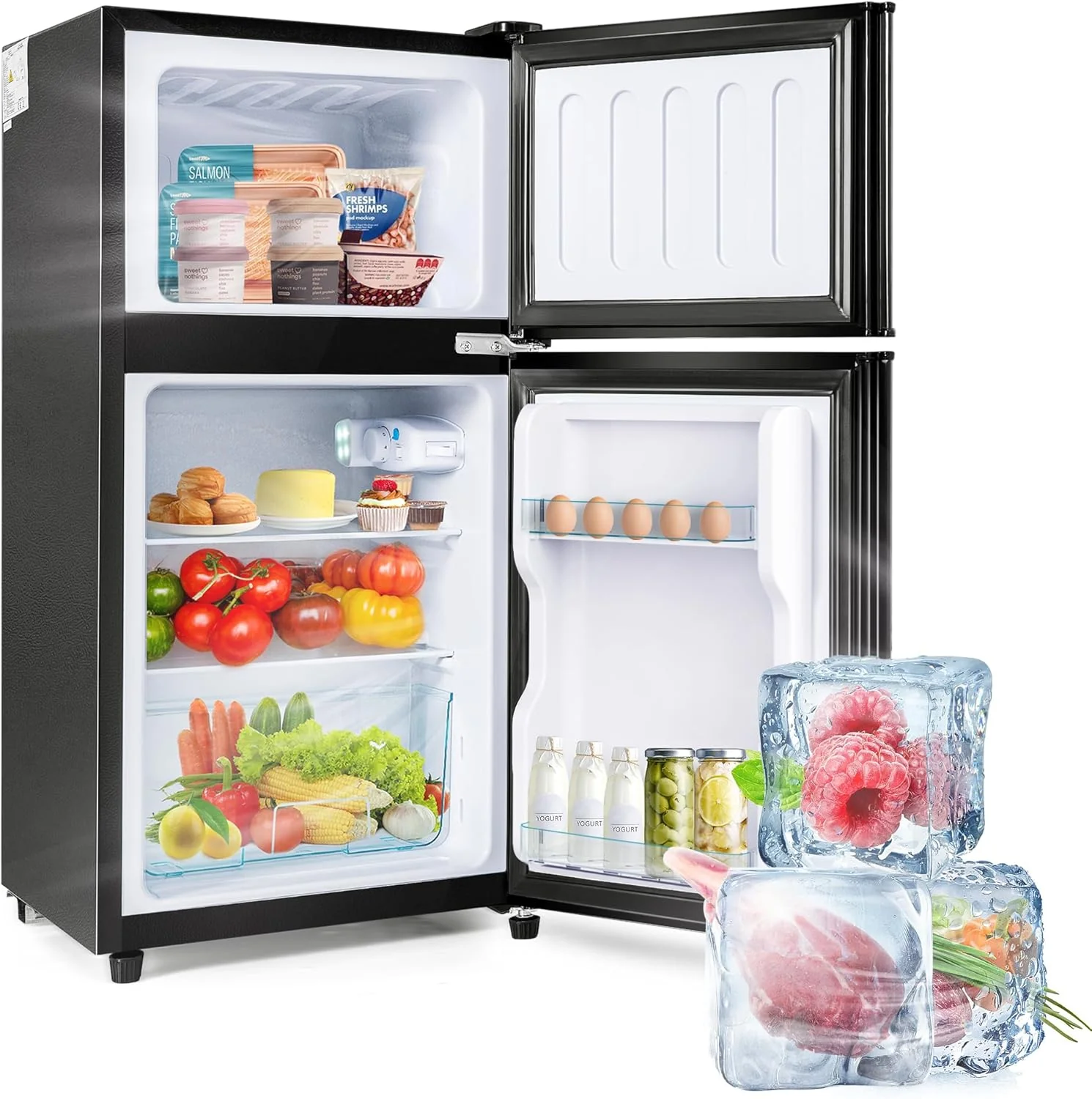 Merax K��hlschrank mit Gefrierfach, K��hl-Gefrierkombination, klein K��hlschrank mit 51L und Gefrierschrank 21L, Leise, LED, Glasablagen, Gem��sefach, T��rablagen, f��r K��che, Wohnzimmer, B��ro, Schwarz