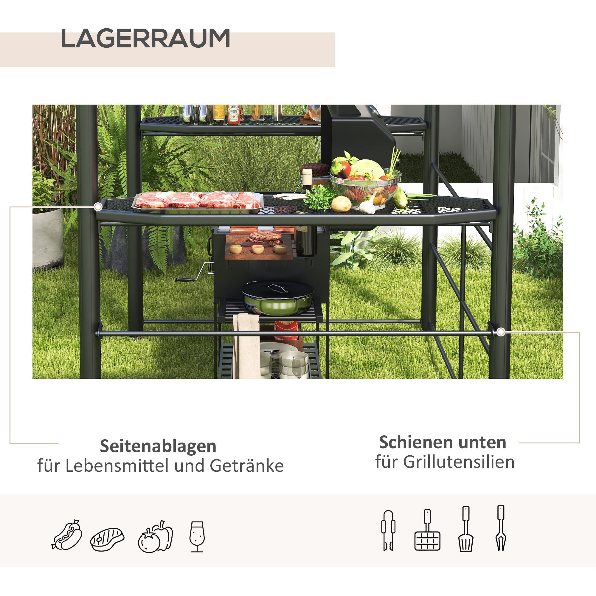 Outsunny Grillpaviljoen Grilldak Grillprieel, weerbestendig, 240 cm x 150 cm x 230 cm, Geelbruin + Donkergrijs