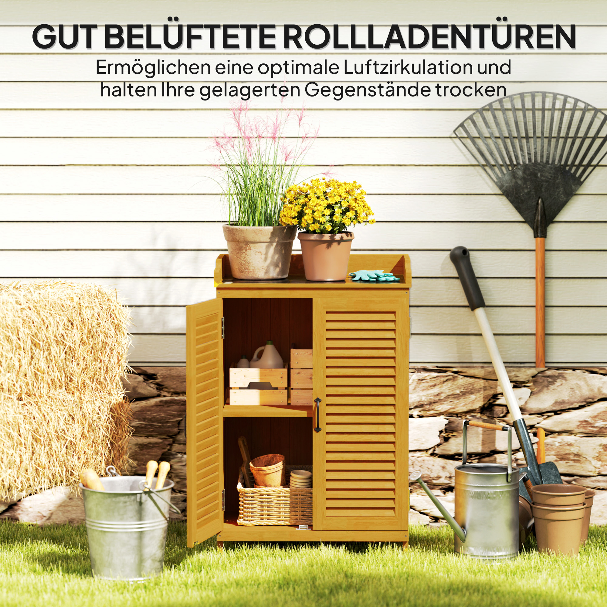 Outsunny Tuinkast van Hout met Werkoppervlak, Weerbestendige Gereedschapskast, 65,5x40x98,5cm Geel