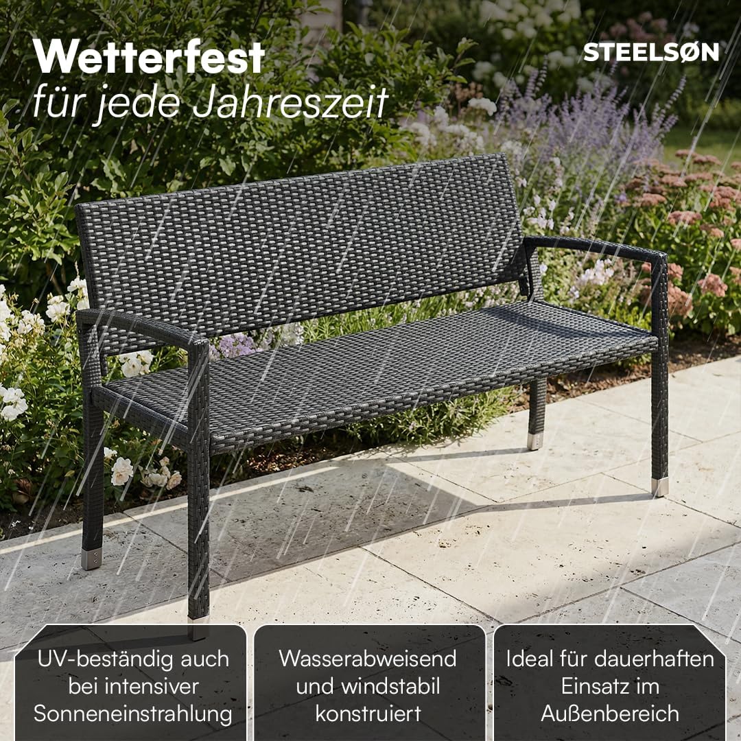 STEELSØN Mirador Gartenbank 3 Sitzer schwarz – Sitzbank Outdoor aus Polyrattan – Balkonbank wetterfest – Rattanbank mit ergonomischer Lehne – Parkbank bis 320kg belastbar – Bank für Garten/Terrasse