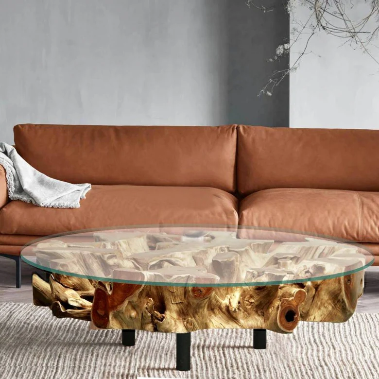 Wurzel Couchtisch NAGA inkl. Glasscheibe  100 cm auf Stahlfüssen
