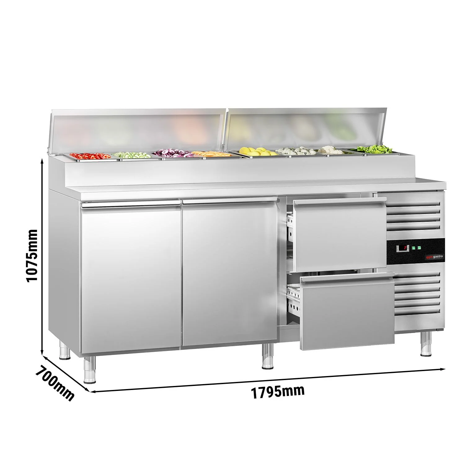 Saladette PREMIUM - 1795x700 mm - 2 dører og 2 skuffer - med lokk - for 8x GN 1/3 beholdere