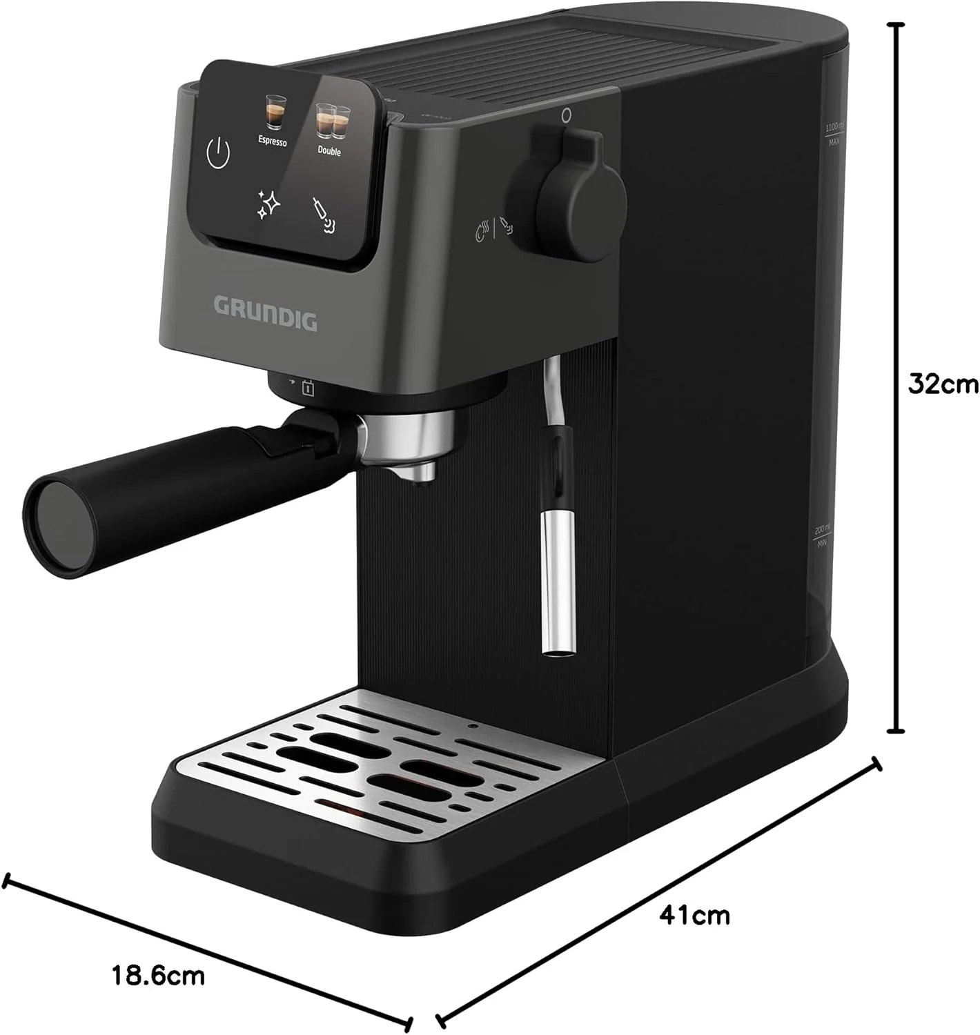 GRUNDIG KSM 5330 Espressomachine met ge?ntegreerd melkreservoir, 1628 W vermogen, 15 bar pompdruk, dubbele tuit, kleuren-touchscreen, BrewSense, CreamyPro, donker inox/zwart