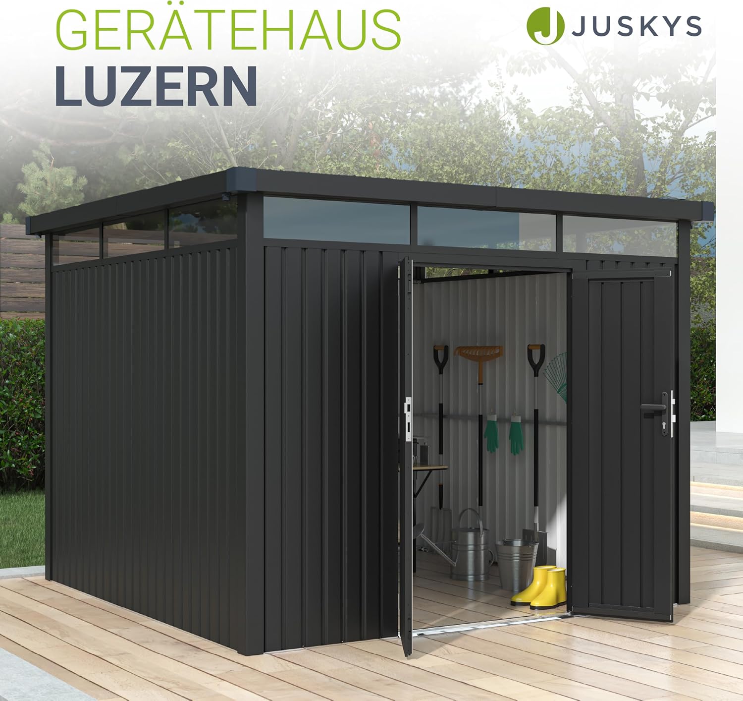 Juskys Gerätehaus Luzern Pro 8,6 m² - Metall Geräteschuppen mit Türen & Fenstern - wetterfest & abschließbar - Fahrradgarage, Gartenhaus - Anthrazit