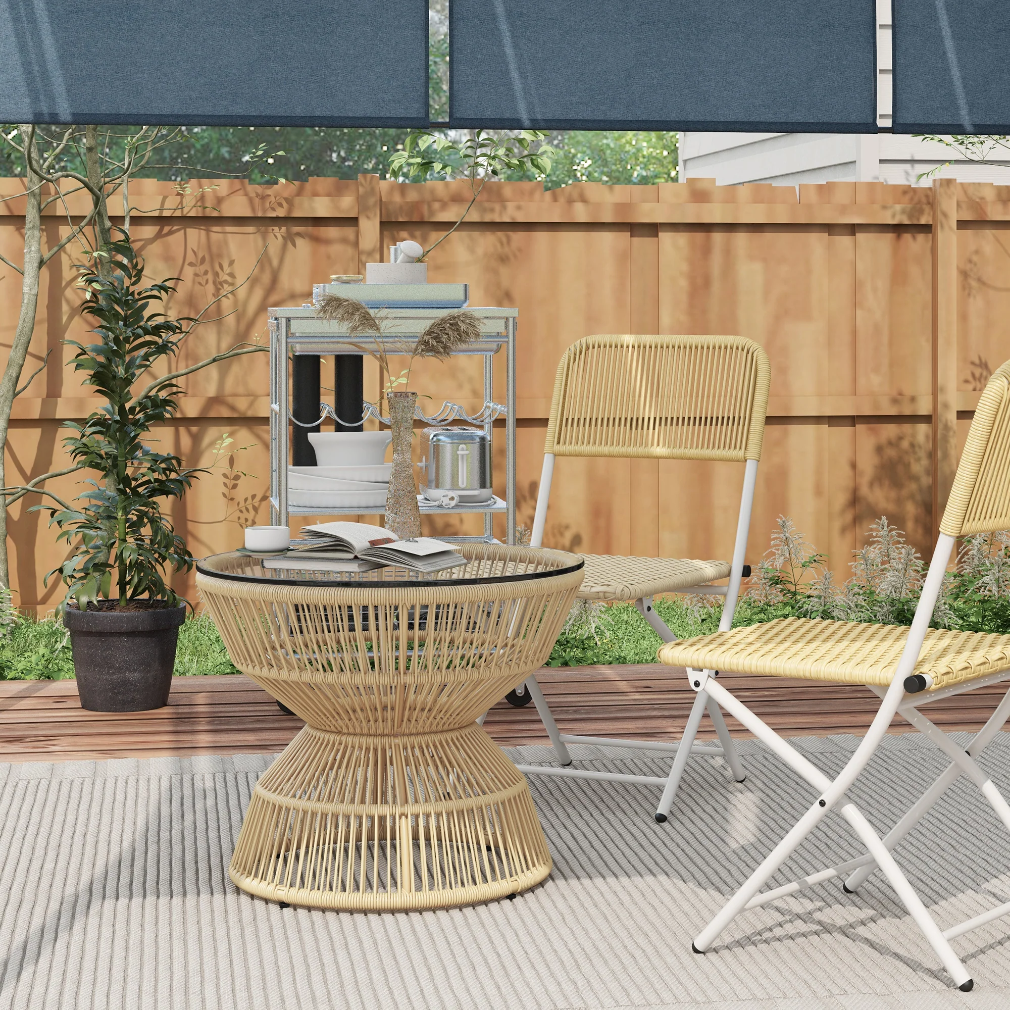 Outsunny Buitentafel Bijzettafel Tuinmeubel Rattan Bijzettafel, Glazen Blad, PE-Rattan, 60 cm x 60 cm x 50 cm, Natuurlijk