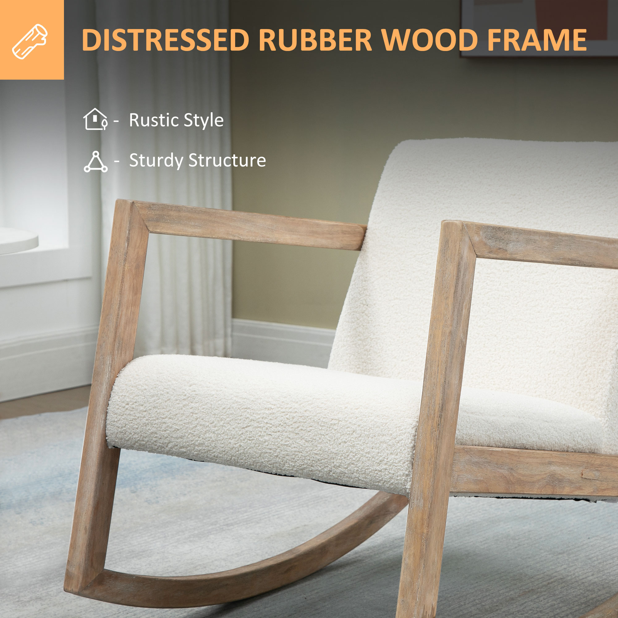 schommelstoel met houten frame, gestoffeerd, relaxstoel, fauteuil, woonkamerstoel, salon met gestoffeerde zitting, rubberhout, cr��me wit, 60 x 81 x 71 cm