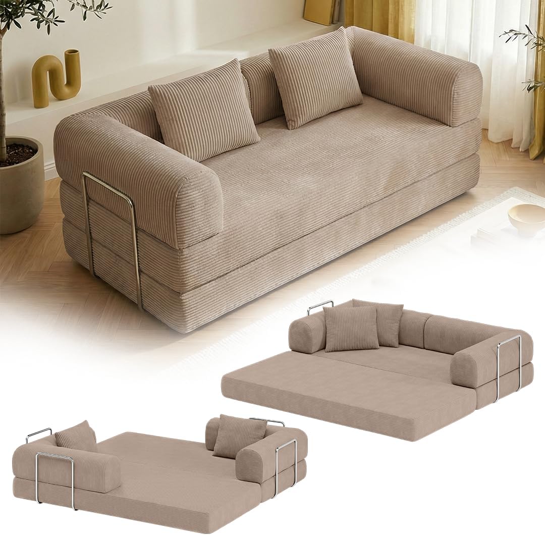skølm Lofn Schlafsofa aus Cord – 2 Sitzer Couch ausklappbar zum Bodensofa – Vollschaumcouch in Taupe 200 cm breit – Klappsofa inkl. 2 Kissen & Stahlgestell – Cordsofa Wohnzimmer – Cloud Couch boneless | ohne Aufbau