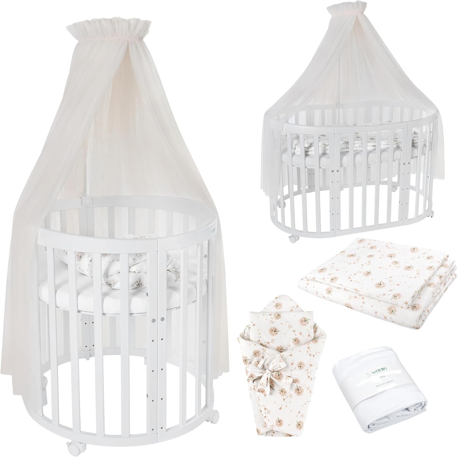 Waldin Oval Baby-Bett Mitwachsend Komplett Set 7in1, Gitterbett, Kinderbett mit Matratze, Wickelkommode, Beistellbett, Holz Weiß