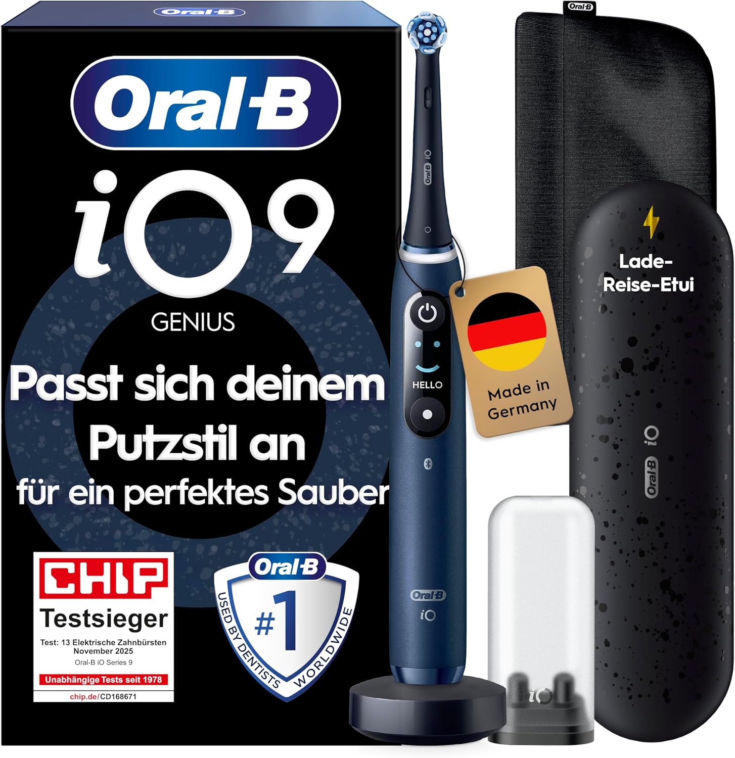 Oral-B iO Series 9 Elektrische Zahnbürste — Electric Toothbrush, Inkl. 1 Aufsteckbürste — 7 Modi für Zahnpflege, CHIP Testsieger (11/25), Designed by Braun, Dunkelblau
