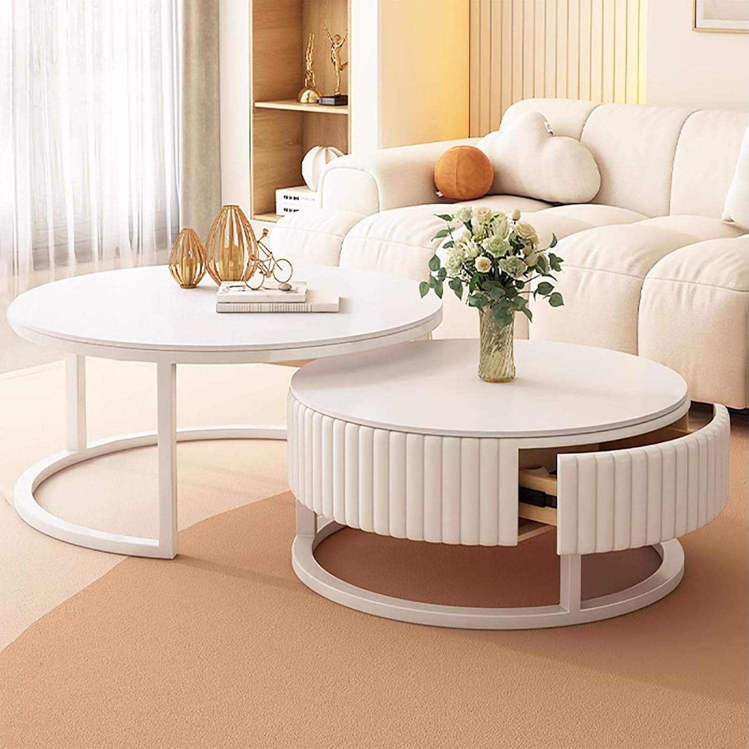 2er Set Couchtisch Rund Weiss 50+70cm Wohnzimmertisch Weiß Runder Couchtisch Mit Stauraum Marmor Beistelltisch Stabilem Metallgestel Satztische Fürs Wohnzimmer Einfache Aufbau Für Schlafzimmer Büro