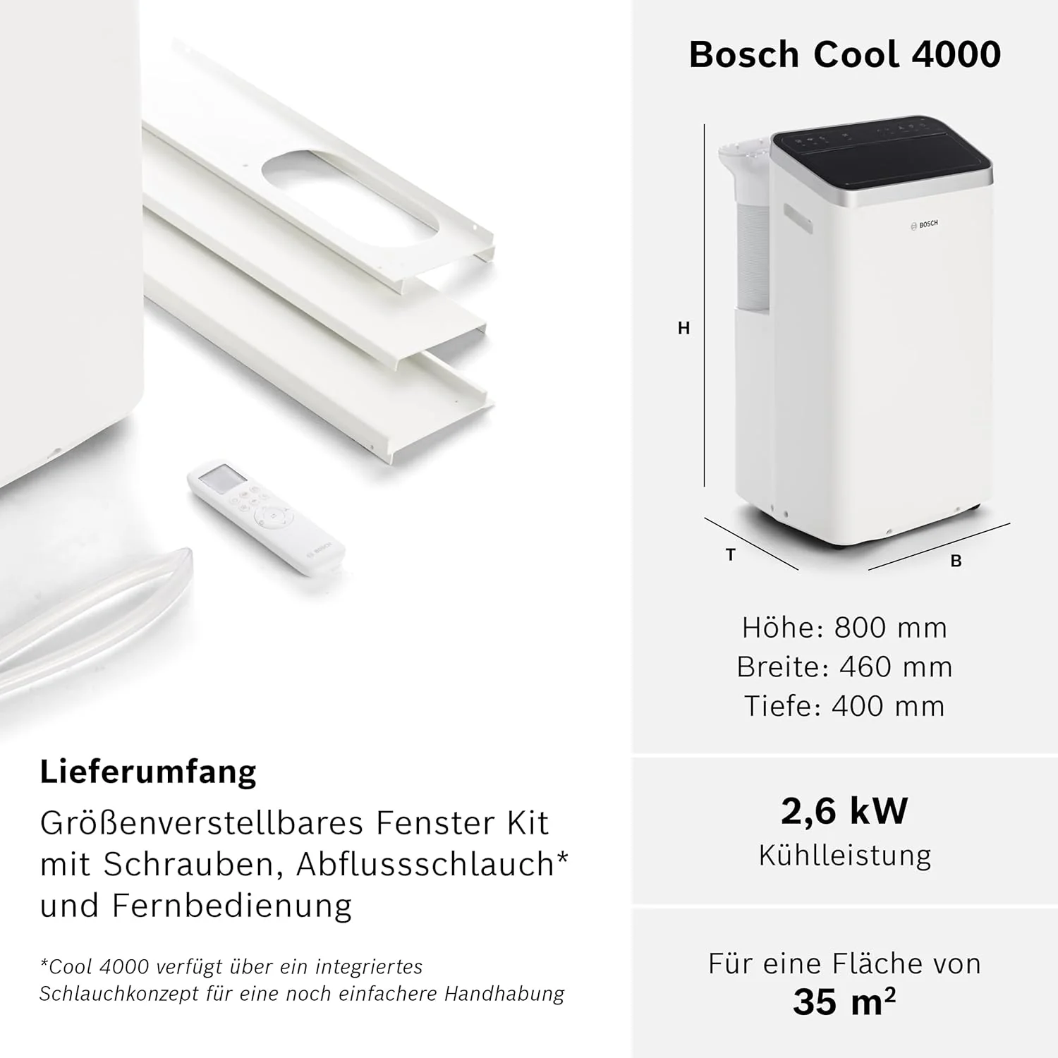 Bosch Cool 4000 Mobiele airconditioner - 3-in-1: Airconditioner, ontvochtiger, ventilator - 2,6 kW voor ruimtes tot 35 m2 - Met automatische modus, stille modus & slaapmodus