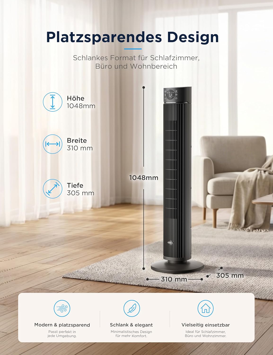 Midea FZ10-26ARDW Smart Leiser Turmventilator mit Fernbedienung, 19 dB Flüsterleise, DC-Motor, 4 Modi & 12 Stufen, 24h Timer, App-Steuerung für Schlafzimmer, Wohnzimmer & Büro, Schwarz, 105cm