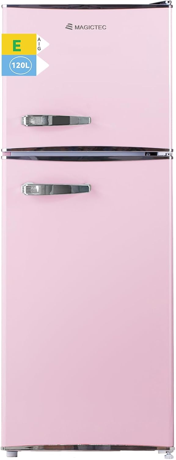 magictec Frigo vintage,Retro réfrigérateur congelateur | 120 L (88 L/32 L congelateur) | Low Frost | Combiné refrigerateur congélateur | Design vintage | Éclairage LED | Rose