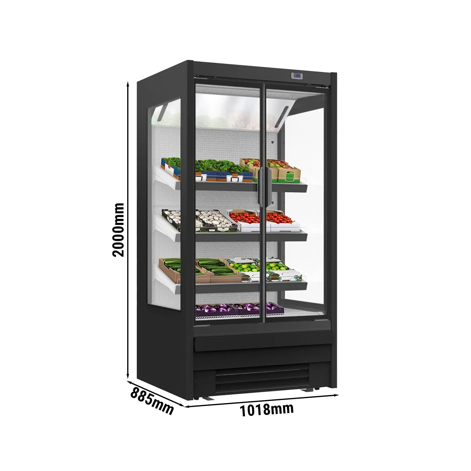 Kjølereol - 1 018 mm - 528 l - +4 °C til +6 °C - med 2 hengslede glassdører, med dobbelt isolerglass & 3 hyller - svart
