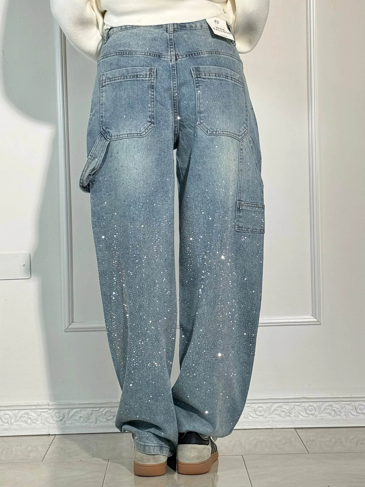 Damen Baggy Jeans mit Glitzer-Applikationen | Weite Wide Leg Denim Hose im Balloon-Schnitt | Bequeme Damenjeans aus Baumwolle