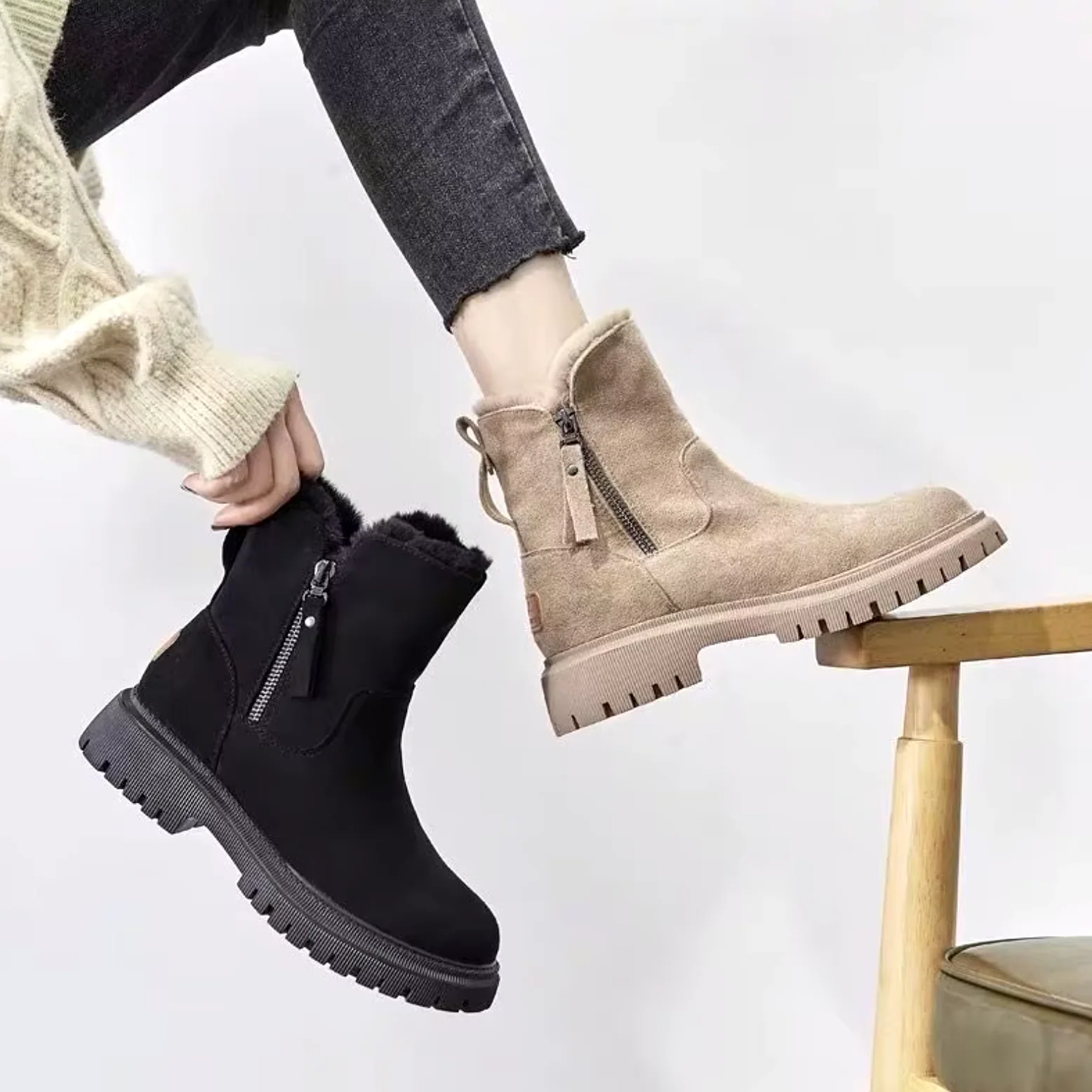 Warme Damen-Stiefeletten mit Fellfutter & Chunky-Sohle