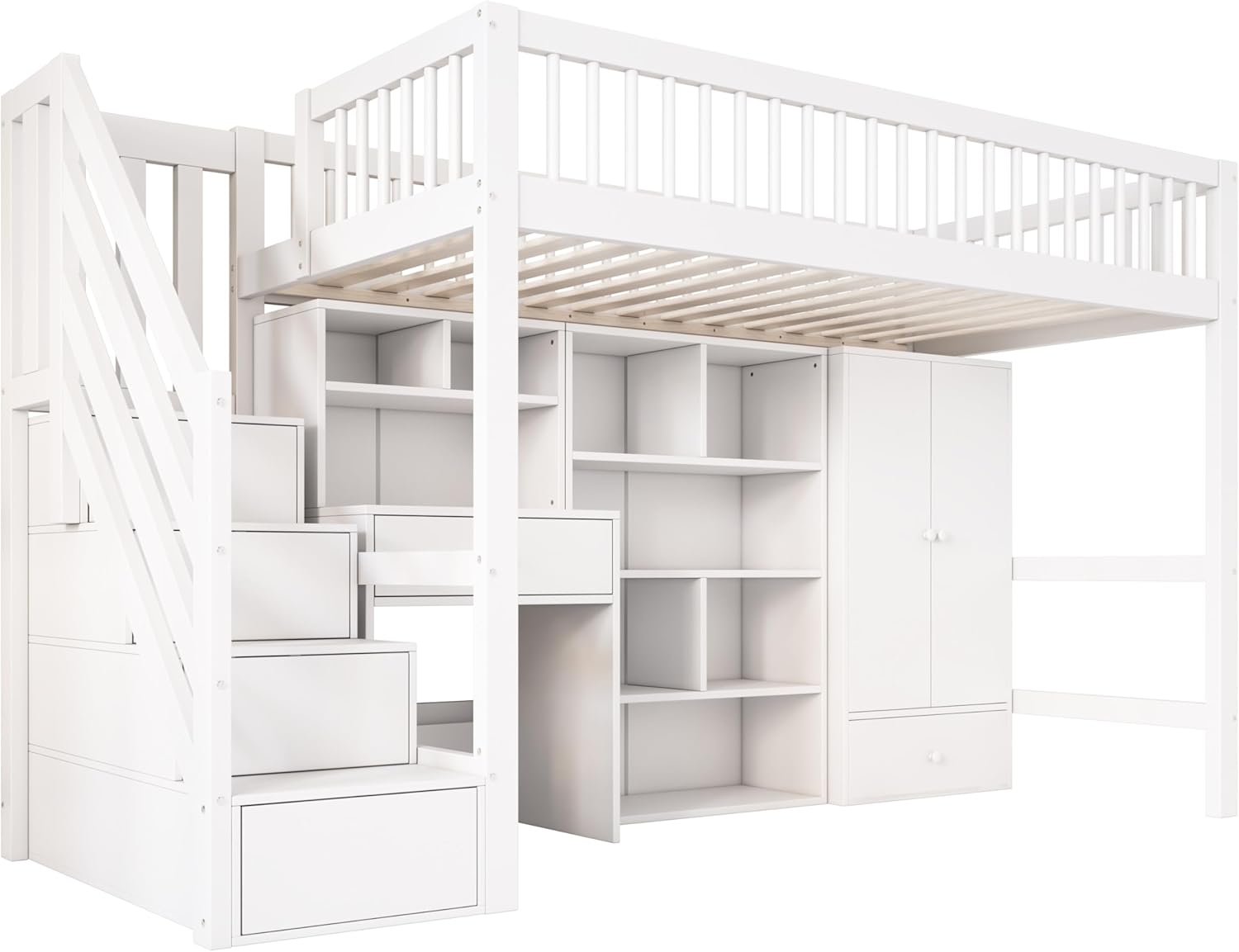 Kinderbett 90x200 cm, Hochbett mit Kleiderschrank Schreibtisch und Treppe, Einzelbett mit Schubladen und Schließfach, Funktionsbett Kinderhochbett Jugendhochbett mit Rausfallschutz & Lattenrost, Weiß