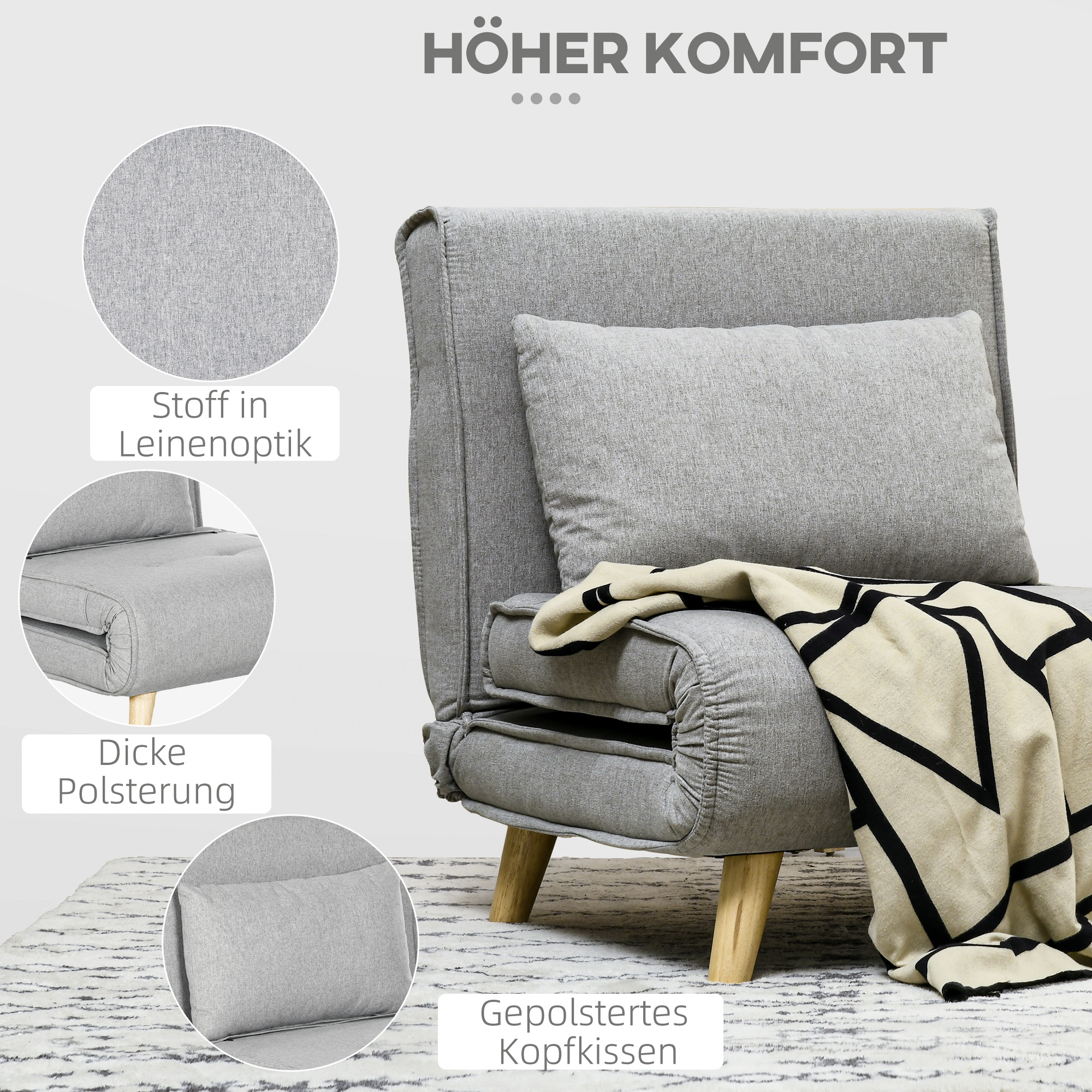 Slaapfauteuil, 6-traps verstelbare leuning, Linnenlook, tot 150 kg, Lichtgrijs